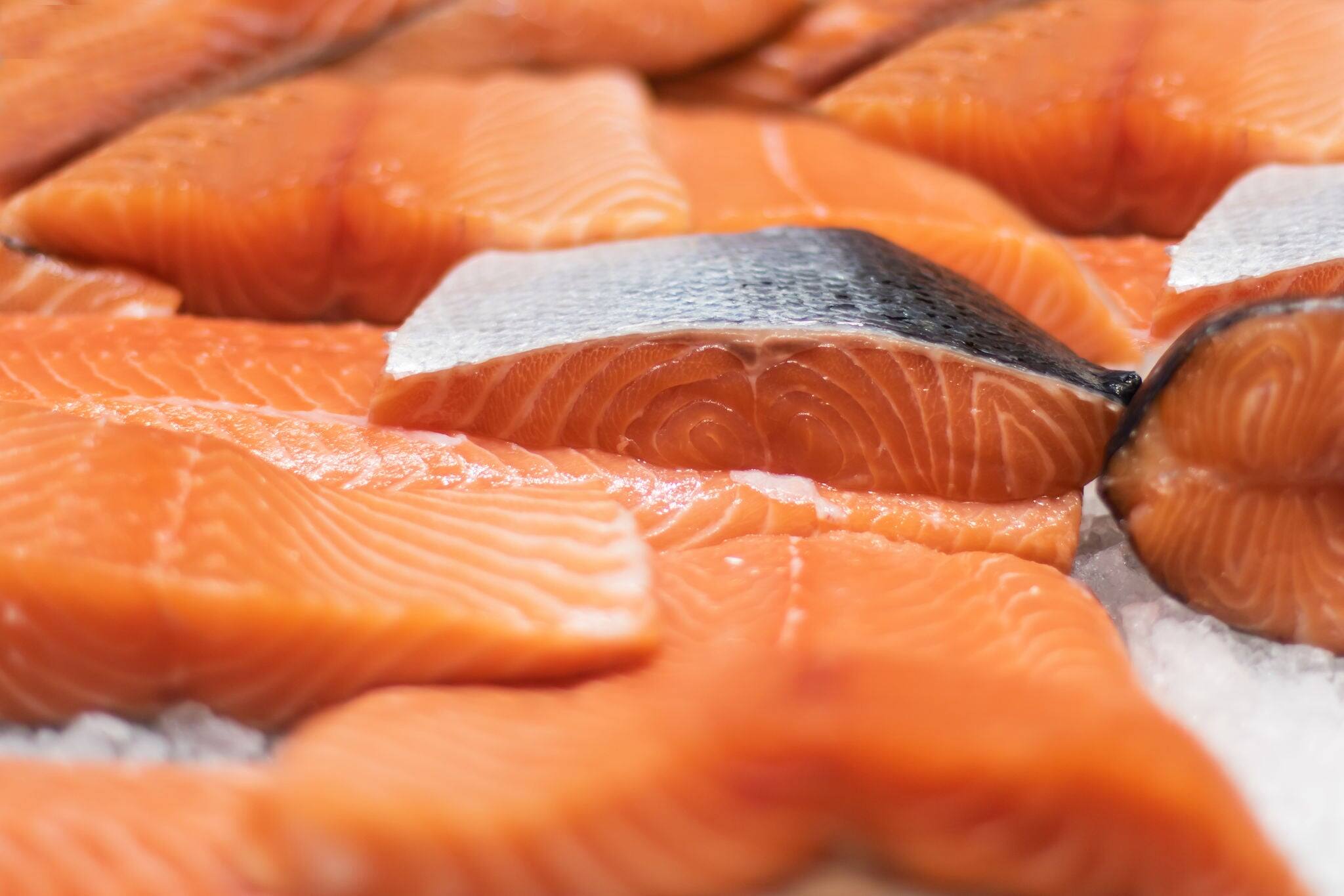 Salmon from Norway at Bergen market, Norway.