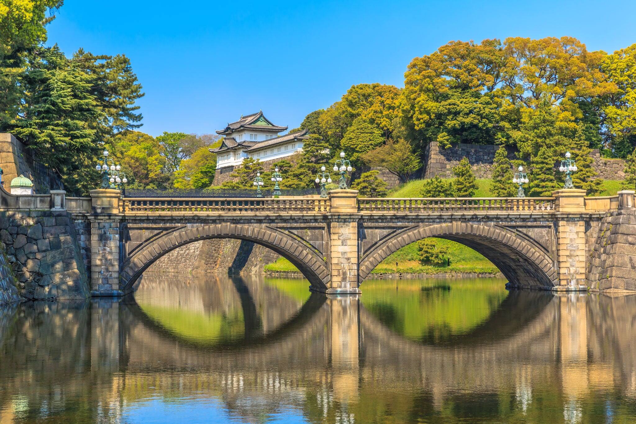 Tokyo Imperial Palace with the shadow reflection of bride in the canel a