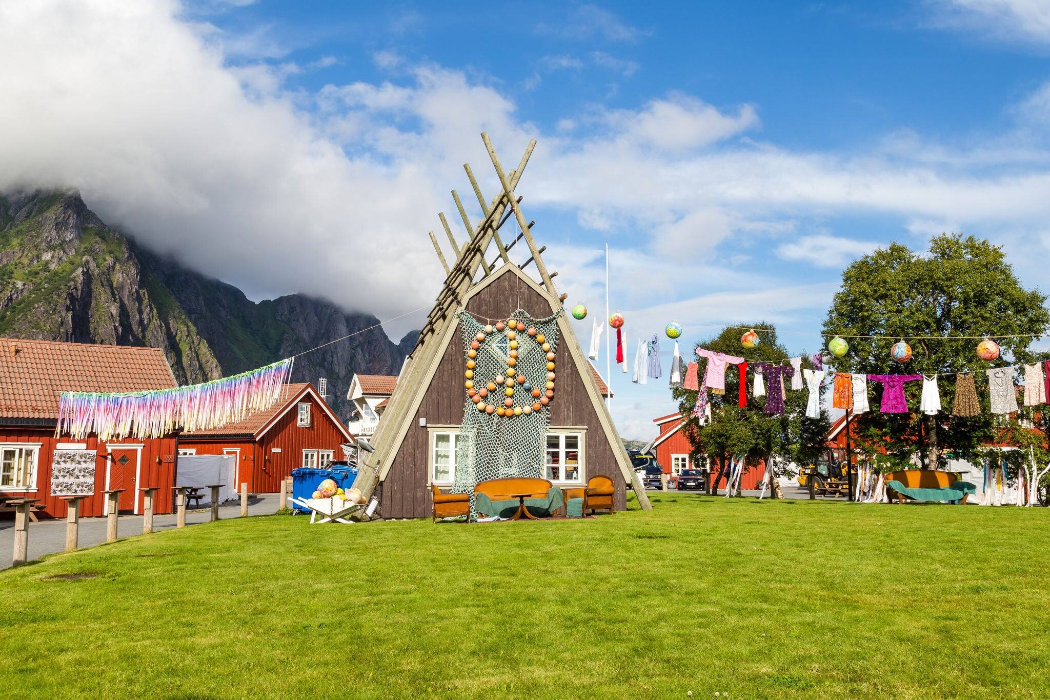 Decorated rorbu or fisherman's house in Svolvaer Lofoten Islands in Norway