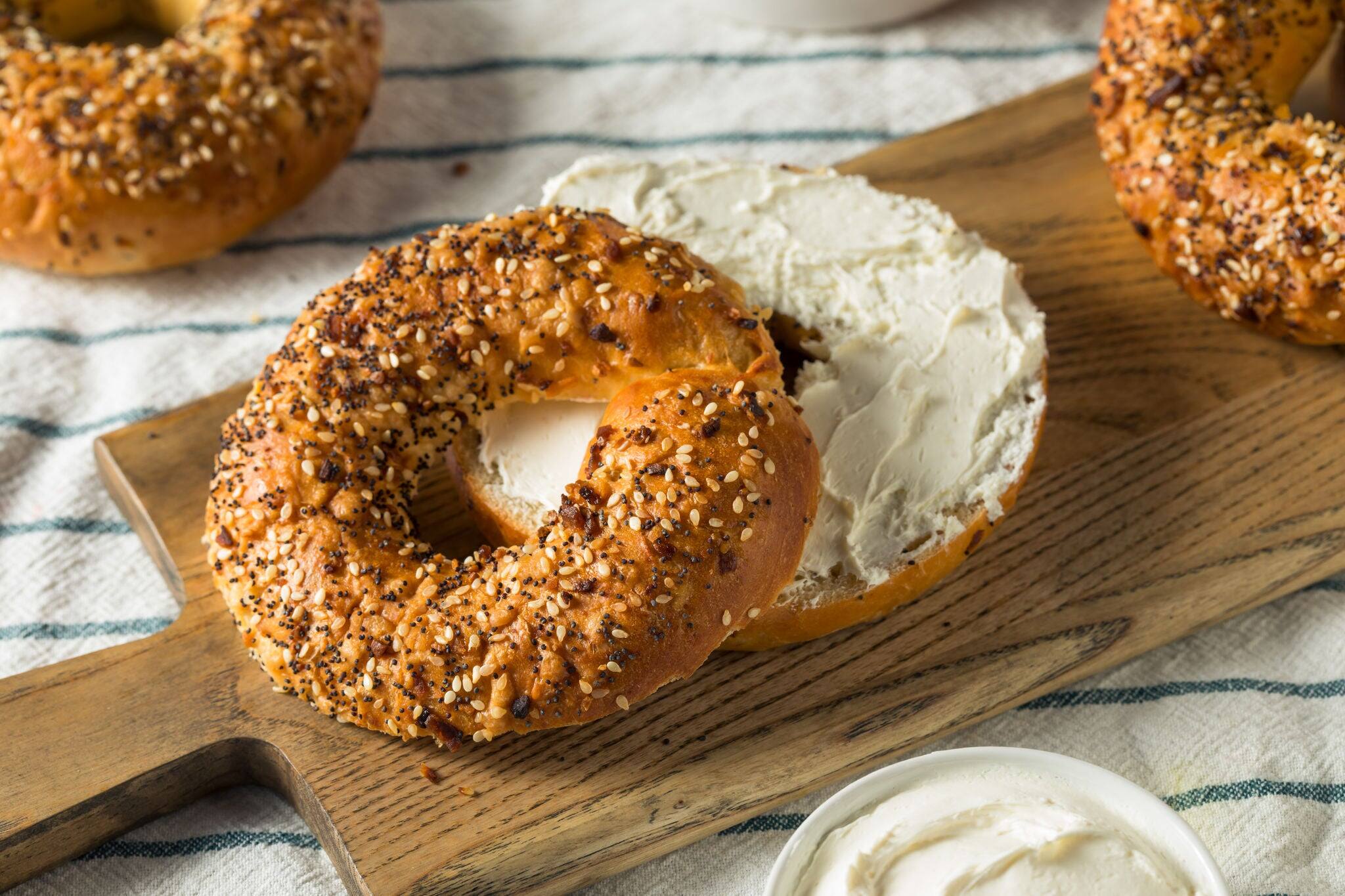 Homemade Toasted Everything New York Bagel with Cream Cheese