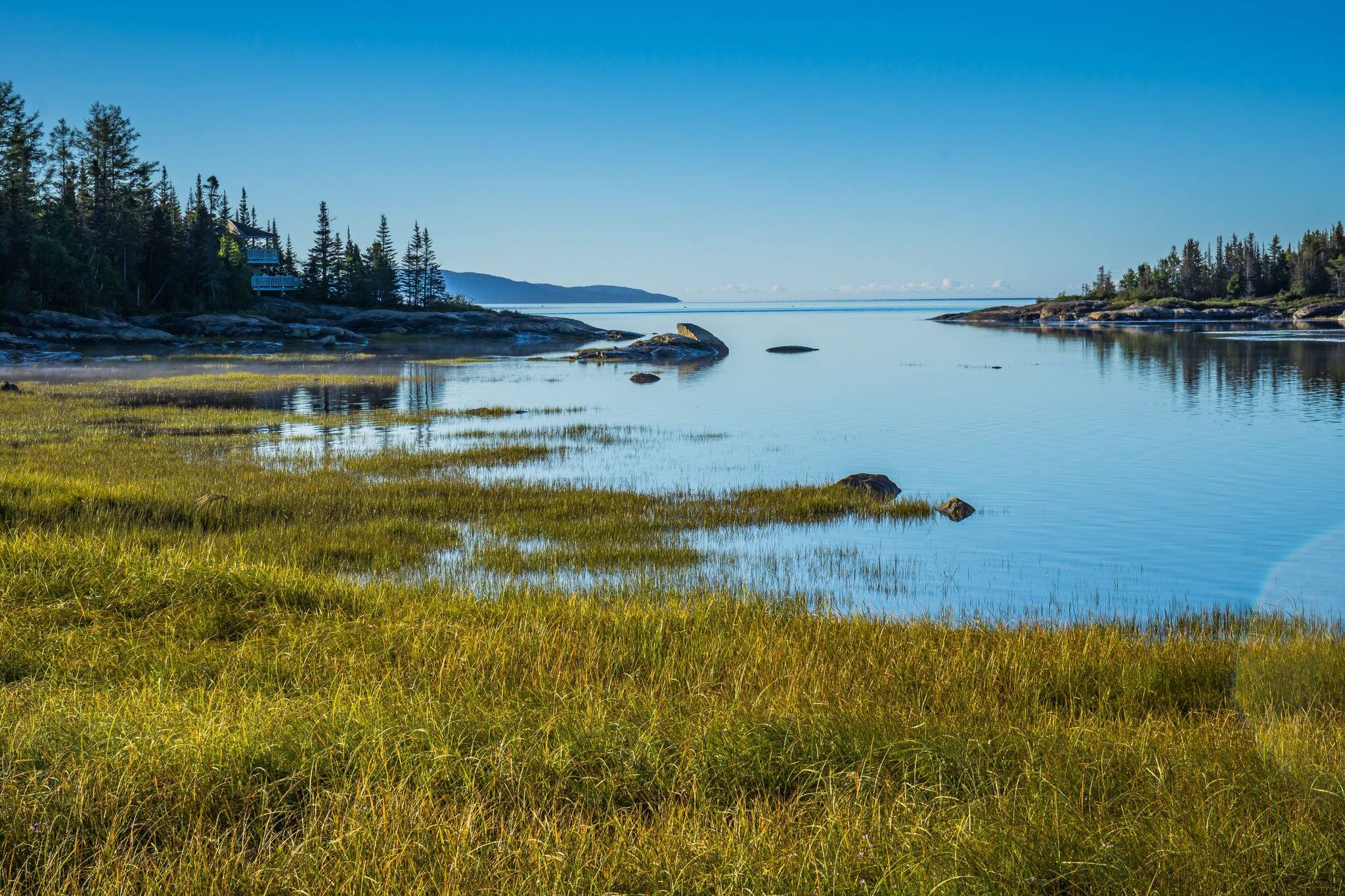 View on the Sept-Iles bay and the St Lawrence river from Aylmer Whittom Park, near Sept-Iles, in Cote Nord region of Quebec, Canada