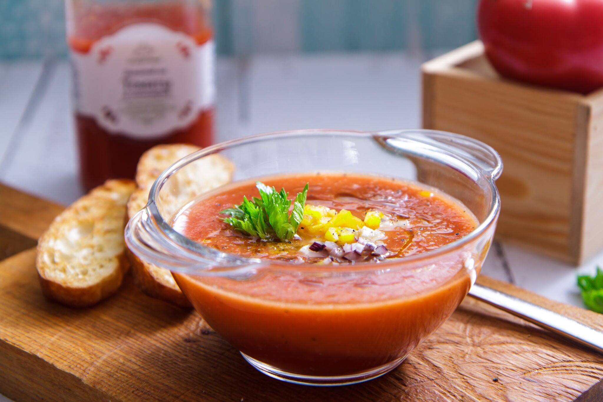 Traditional cold gazpacho soup. Spanish, Mediterranean cuisine side view horizontal