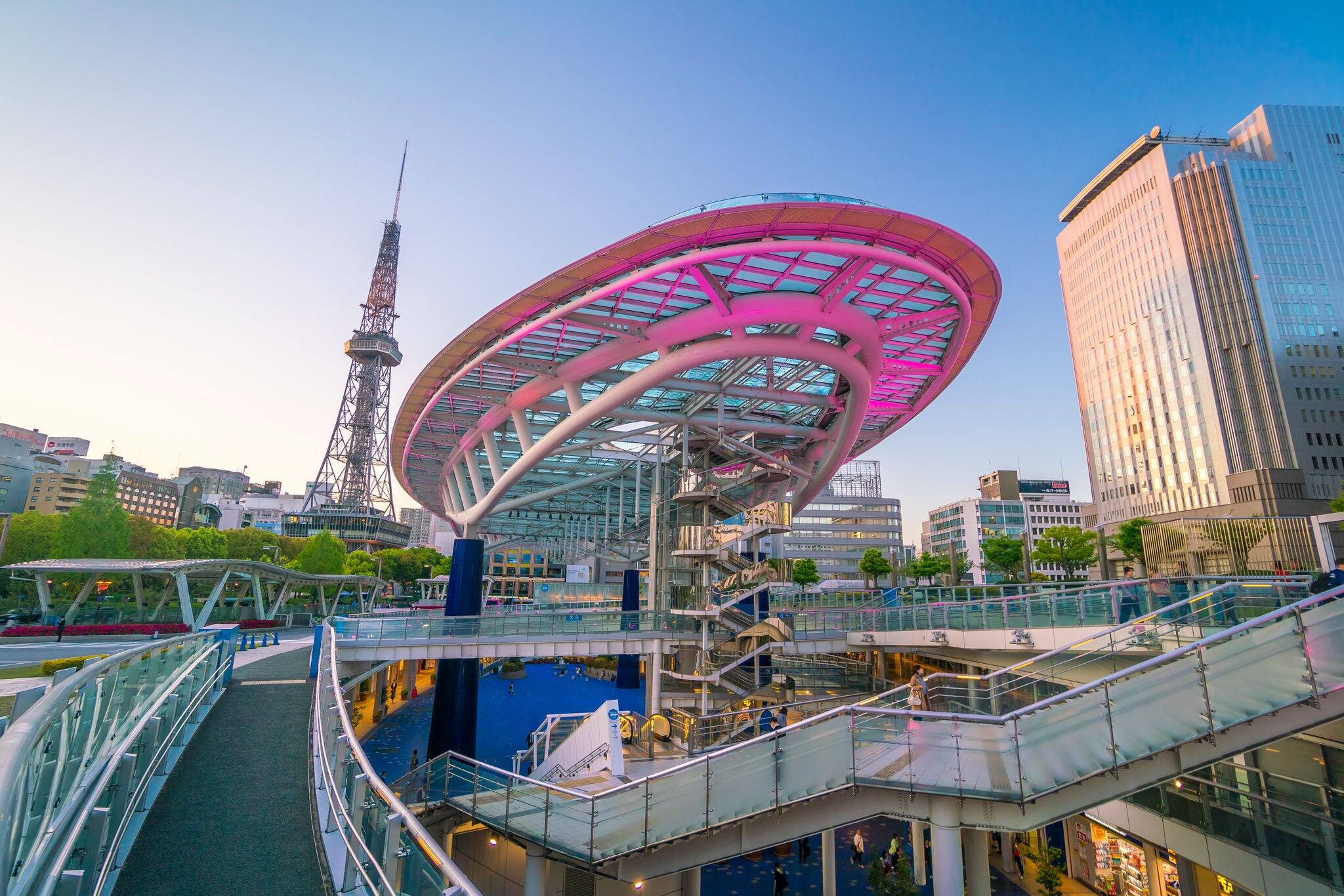 Nagoya, Japan - April 18, 2018 : Nagoya TV tower and Oasis 21 in downtown Nagoya. They are  landmarks of the city