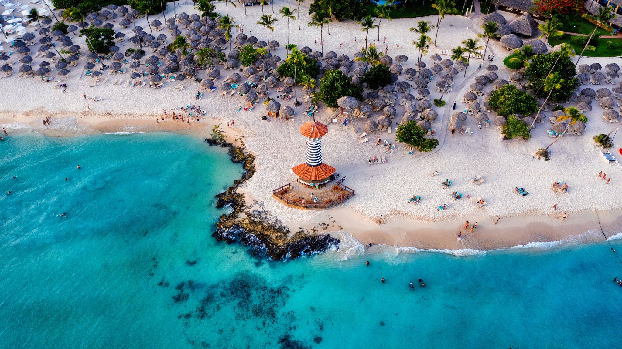 Dominican Republic Bayahibe beach Lighthouse aerial photo by drone. Crystal clear sea with beautiful beach. - Image