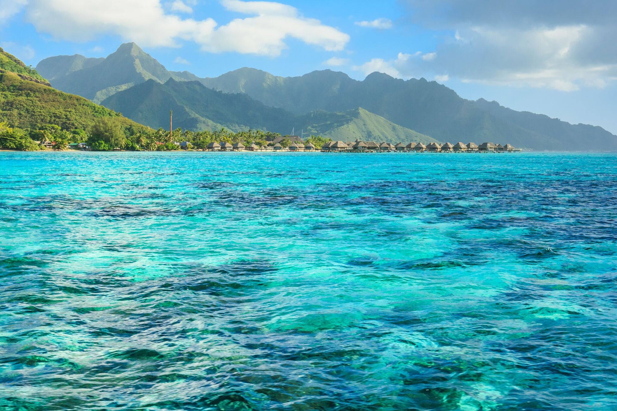Beautiful sea with mountain and resort background in Moorae Island at Tahiti , PAPEETE, FRENCH POLYNESIA