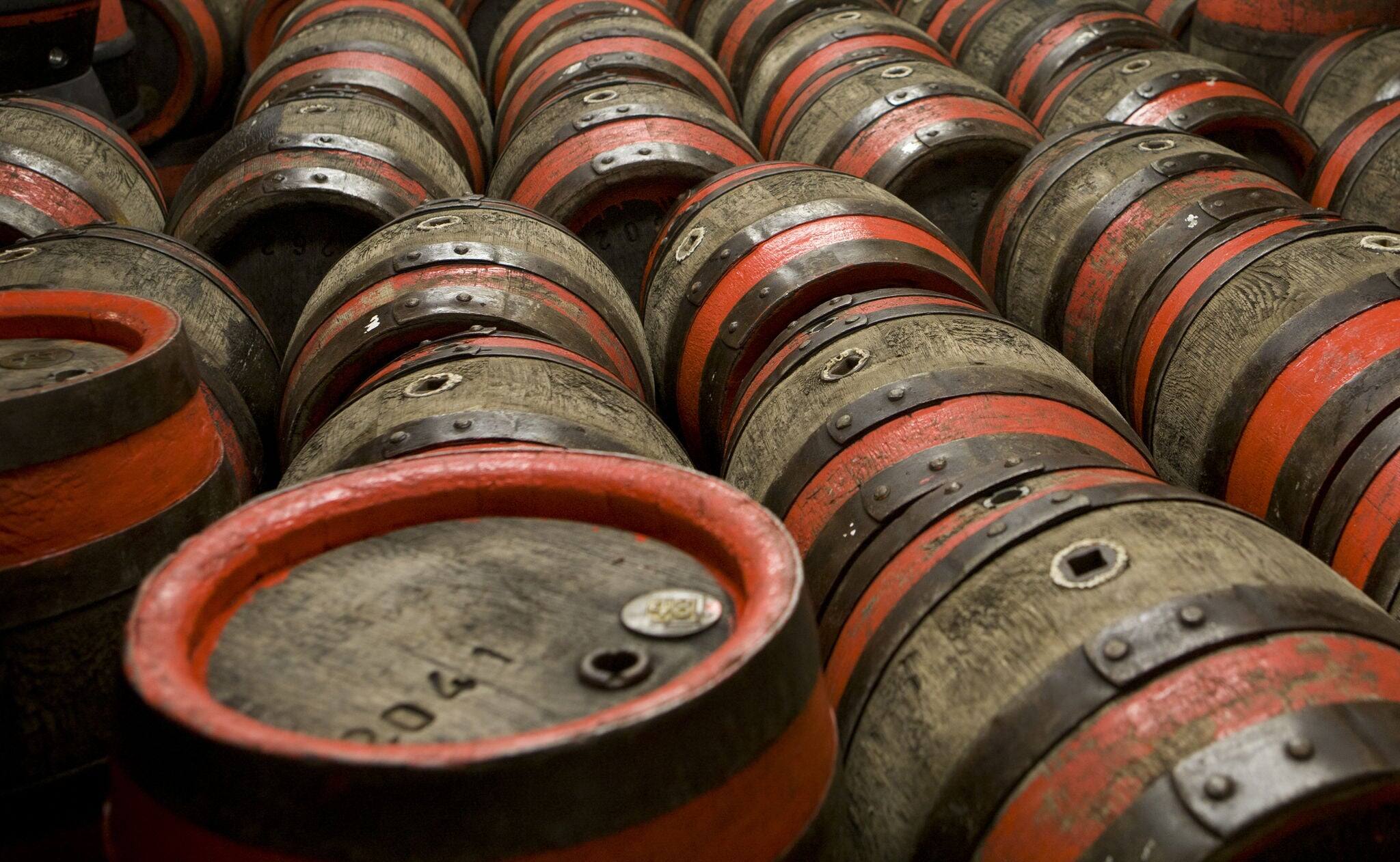 Wooden barrels at beer factory