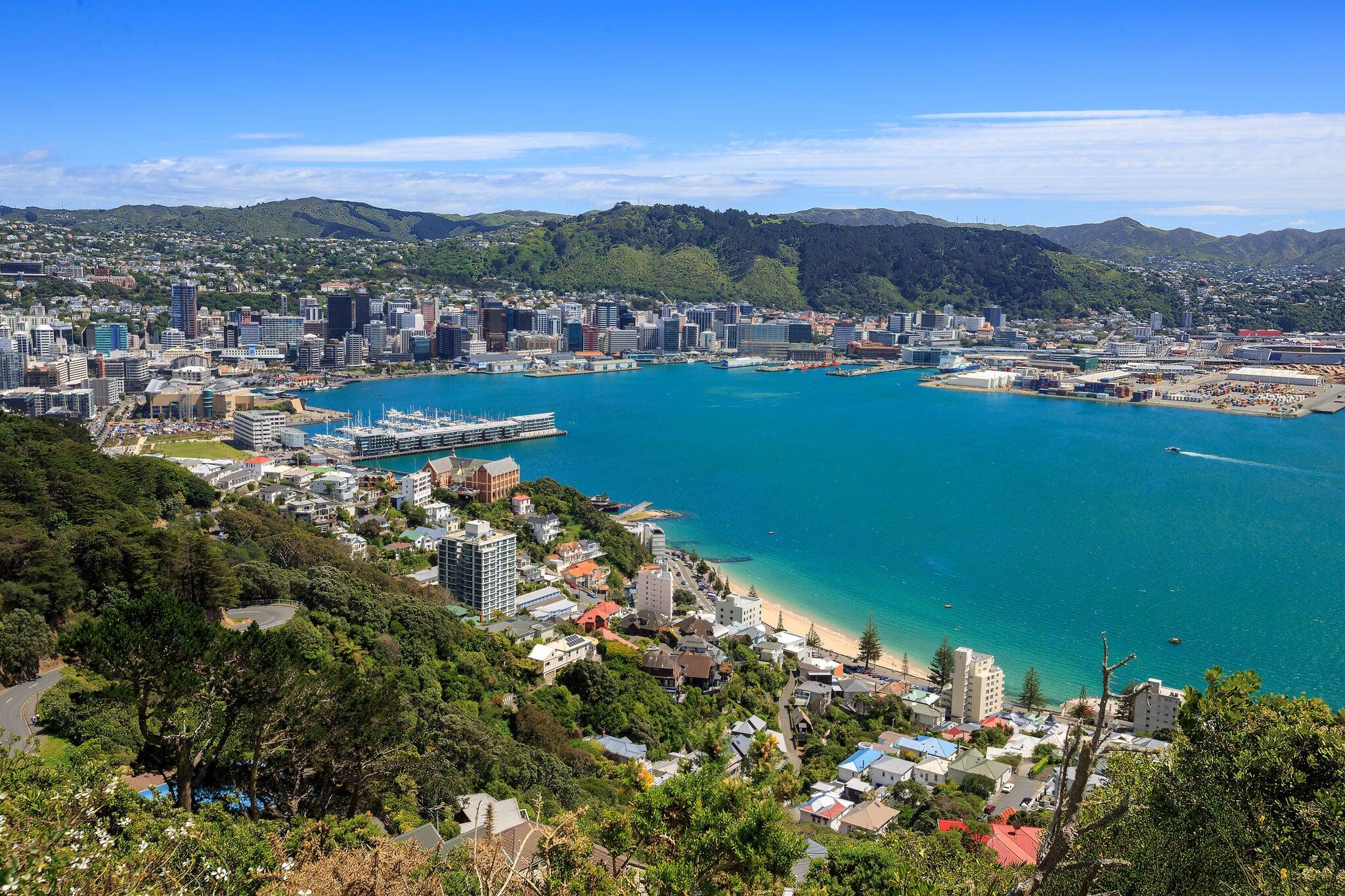 Wellington City harbor and downtown. Buildings are in central business district.