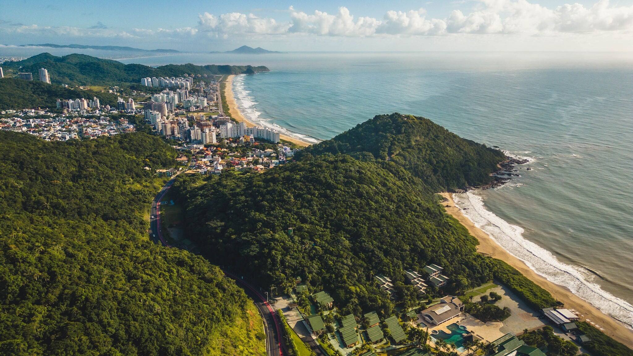 aerial veiw of the coast side of Santa Catarina, Brazil - Itajai beach and Morro do Careca , Balneario Camboriu, Brazil