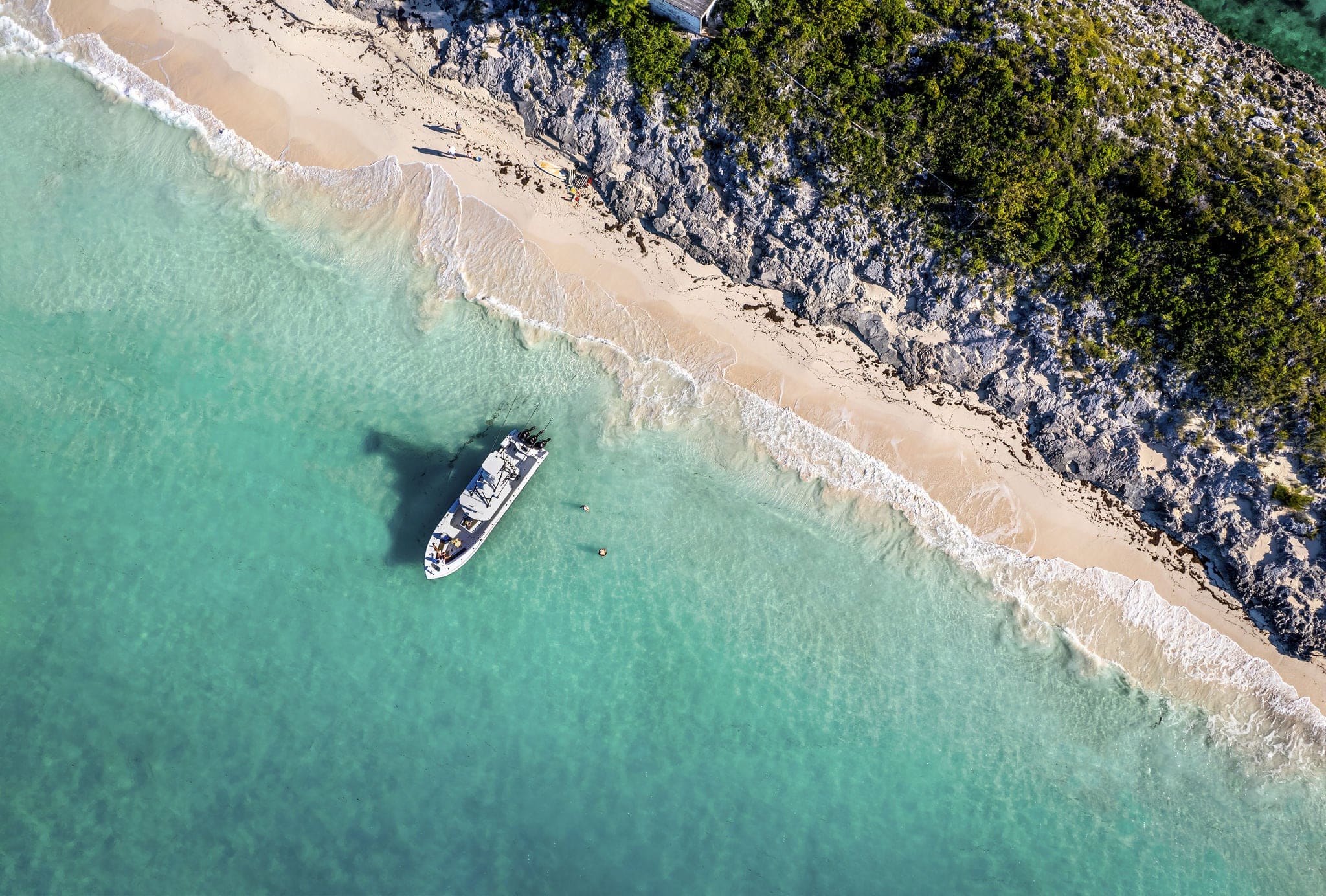 The drone aerial view of the beach of Rose Island, Bahamas.