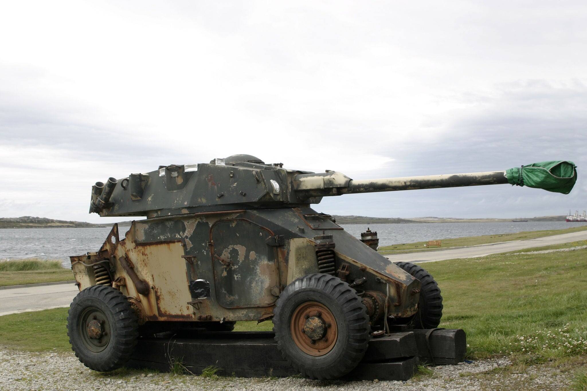 old, rusty tank remained from Falkland war beside the road in Port Stanley, Falklands