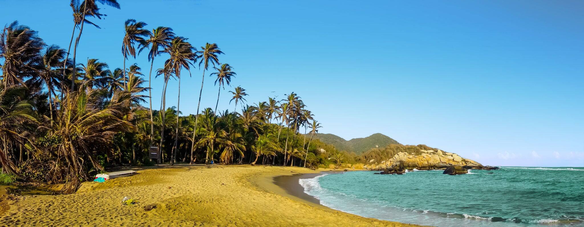 Beautiful beach panorama view of Tayrona National Park, protected area in the caribbean region of Colombia