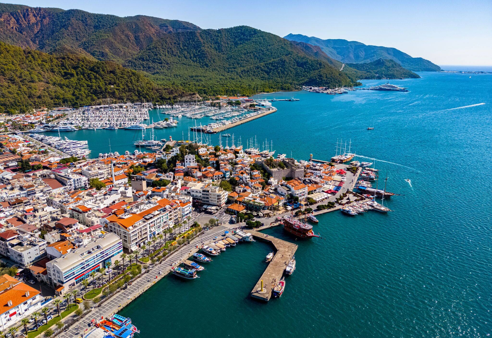 Aerial view of Marmaris in Mugla Province, Turkey.