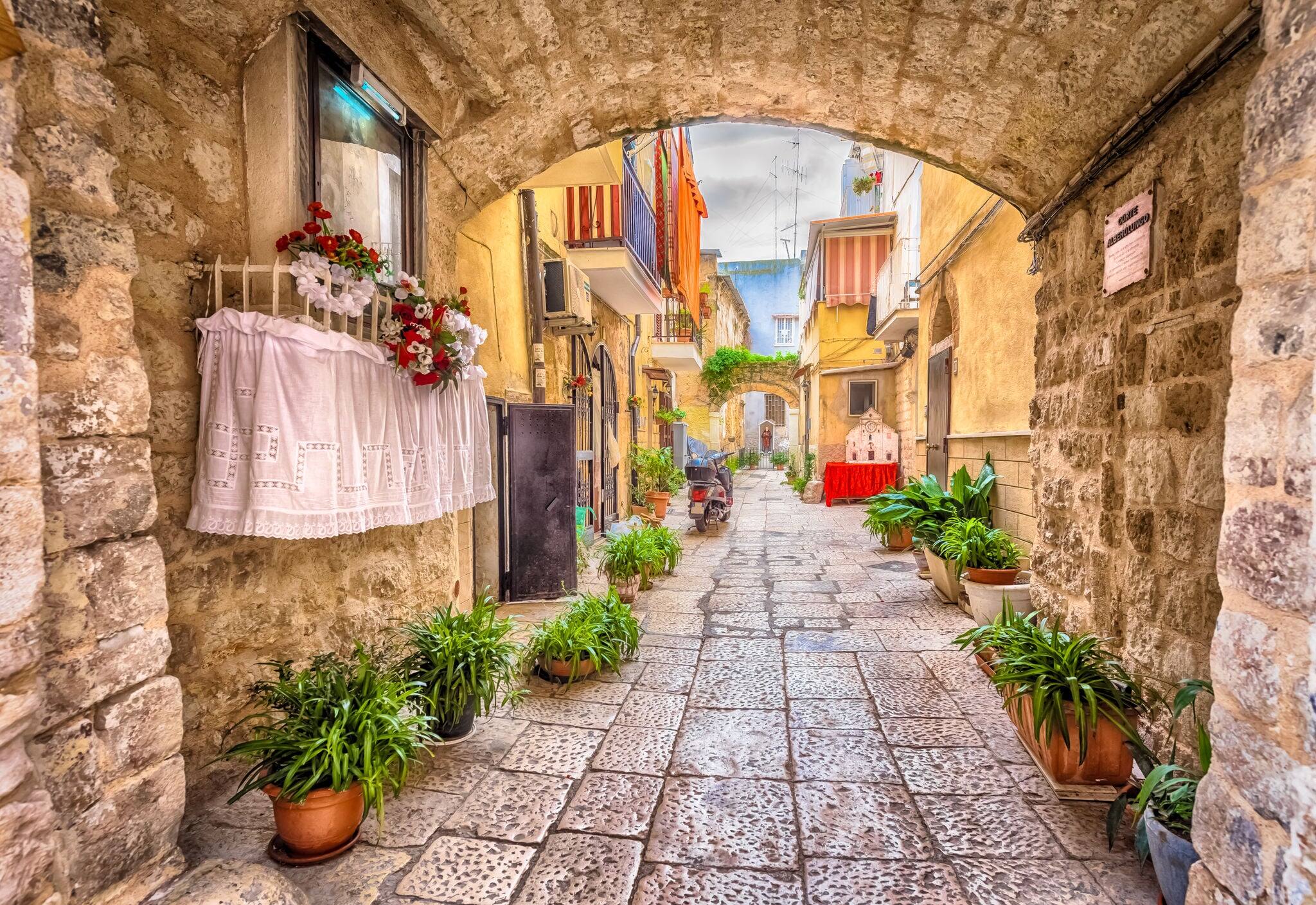 Alleyway in old white town Bari, Puglia, South Italy