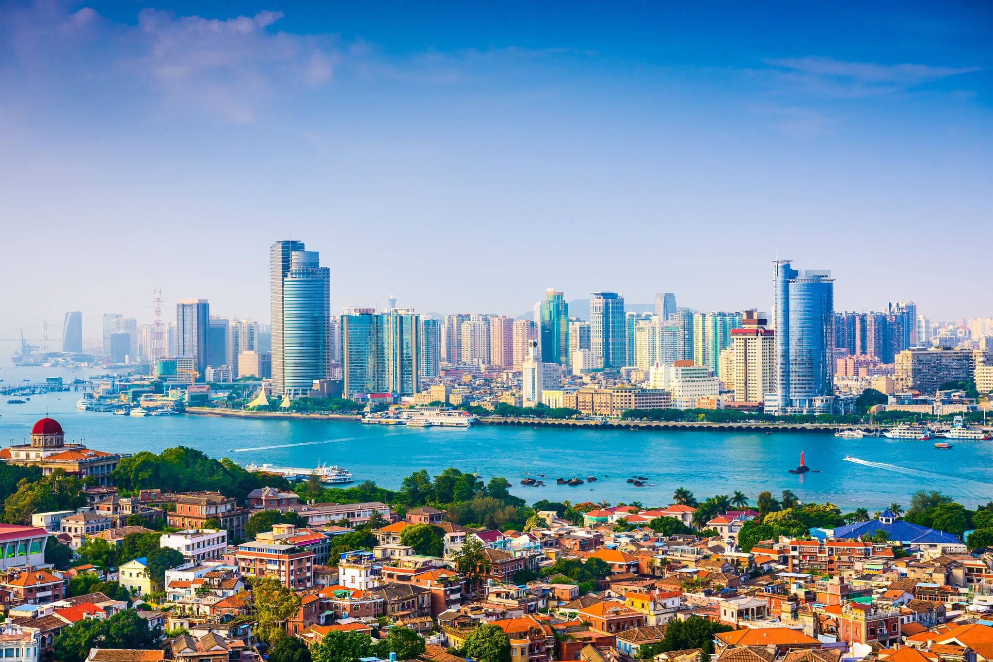 Xiamen, China city skyline from Gulangyu Island.