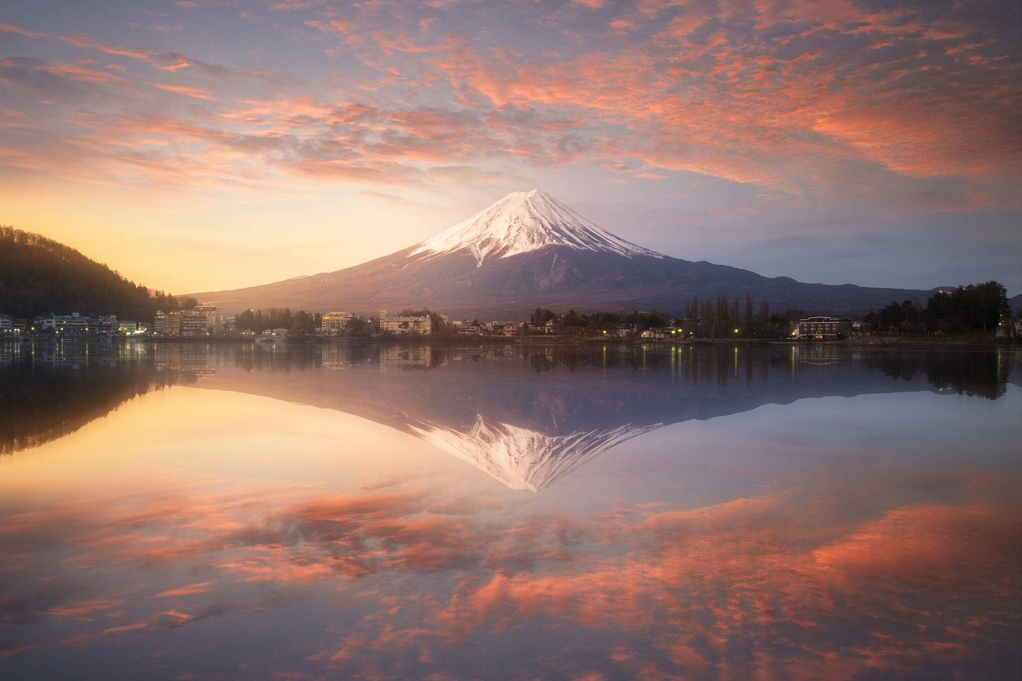 Fuji mountain reflection on water with sunrise landscape,Fuji mountain at kawaguchiko lake, Japan