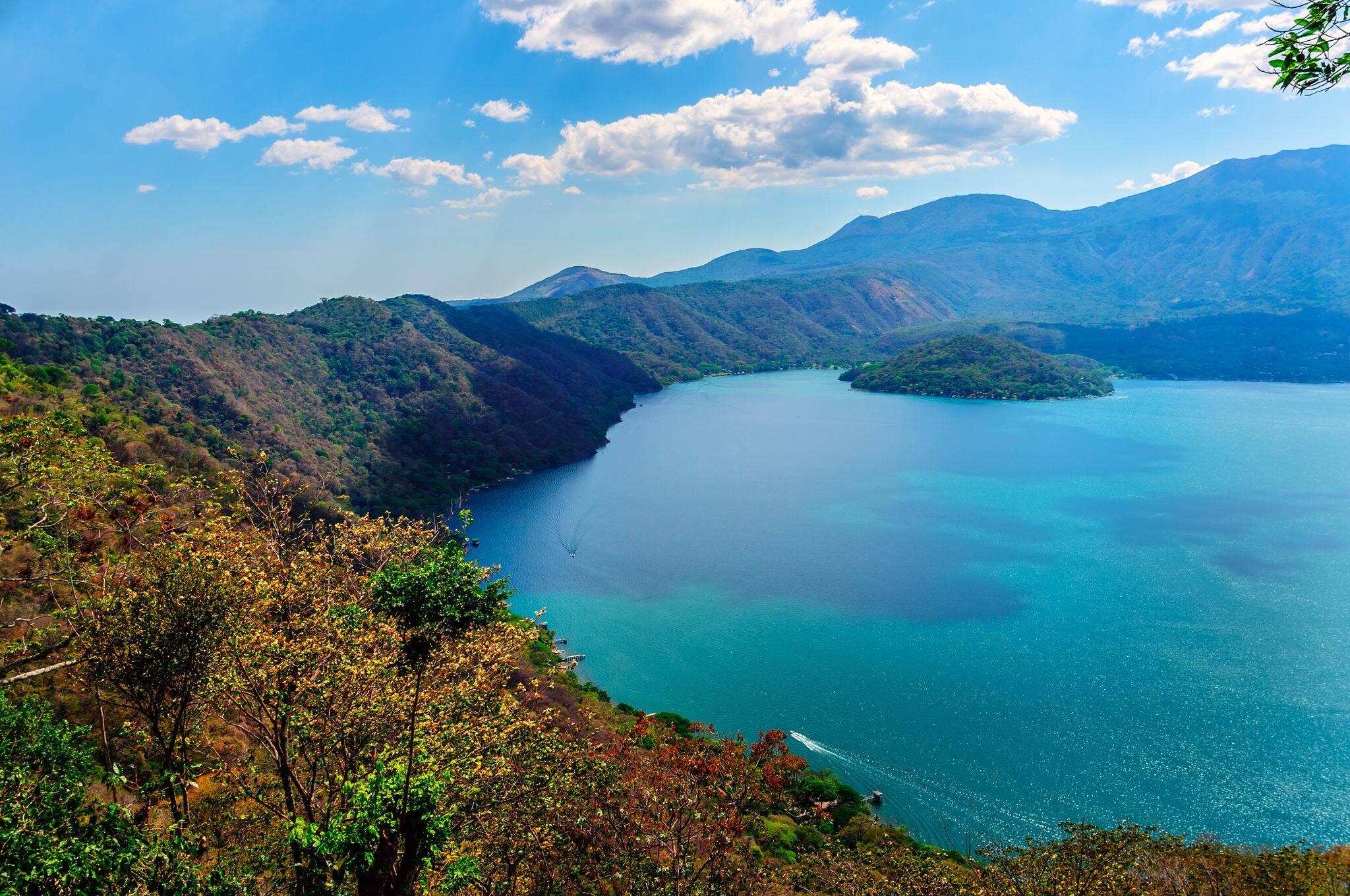 Coatepeque Lake in El Salvador, panoramic view of the south side island in the middle.