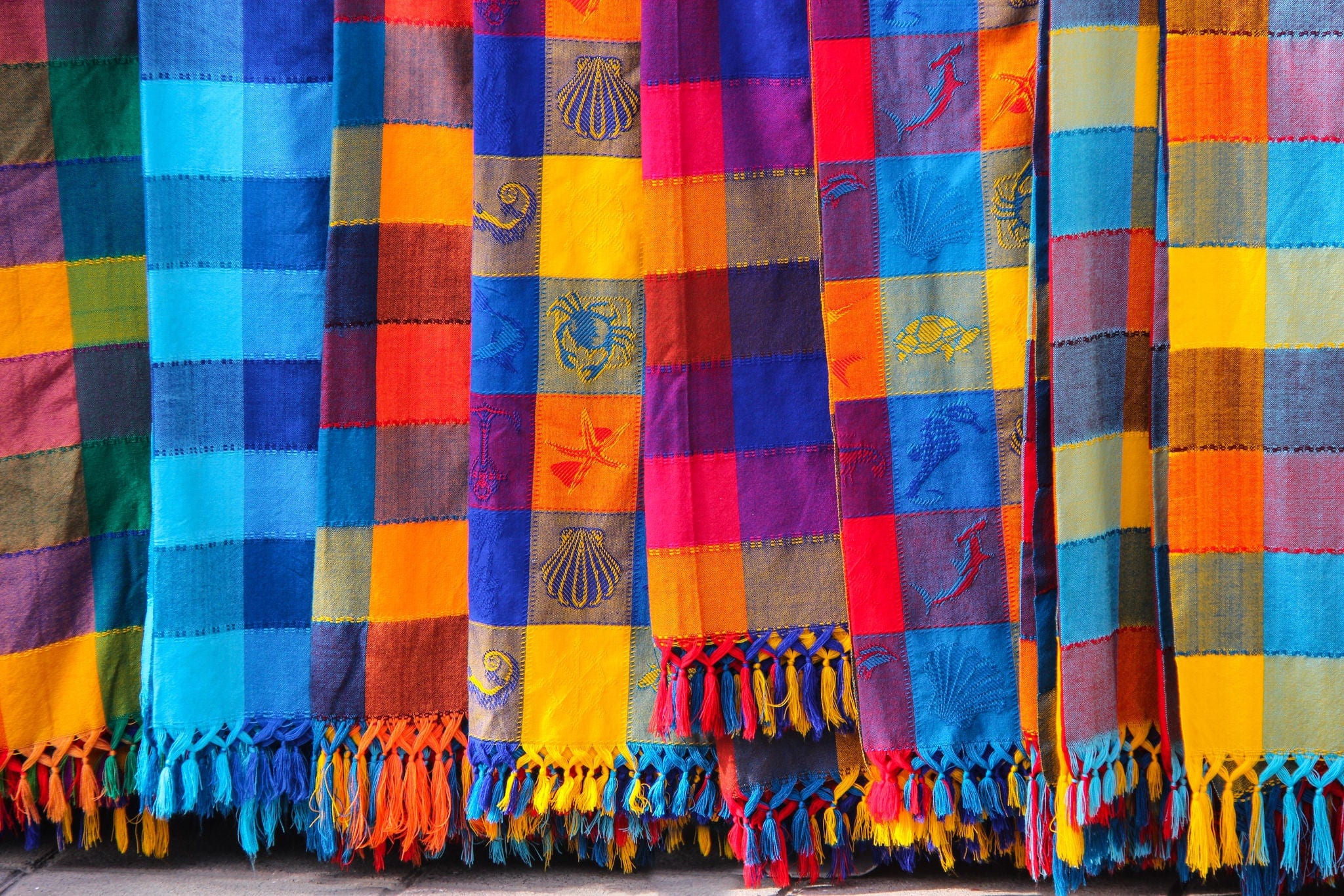 Colorful tablecloths in the market at Puerto Vallarta Mexico