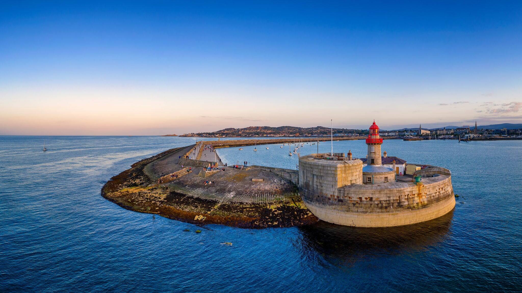 Aerial view Dun Laoghaire Pier - East and West Pier Lighthouse The East Pier Light was established in 1847. Dublin, Ireland