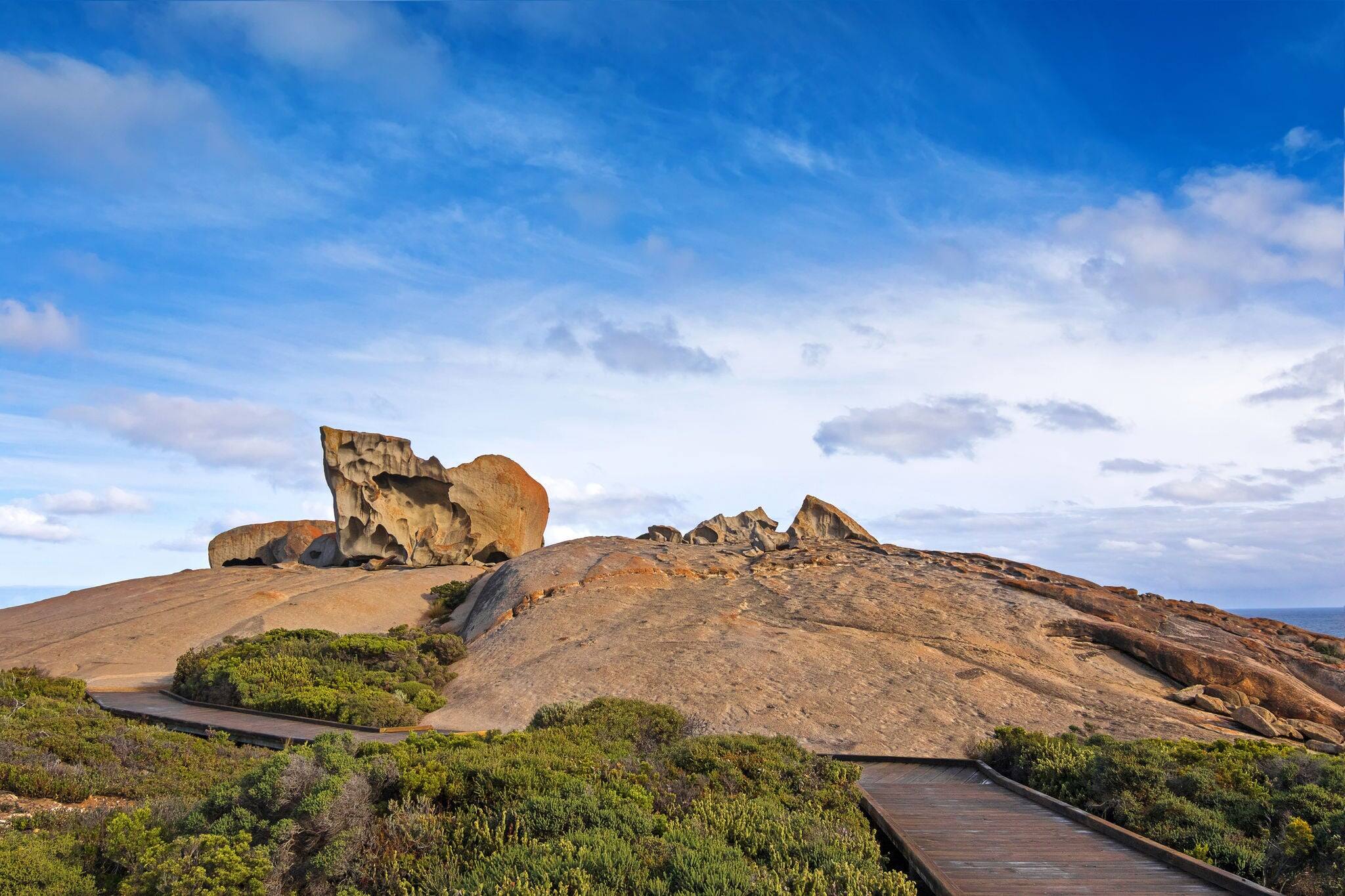 Boardwalk leading to the Remarkable Rocks, natural rock formation at Flinders Chase National Park. One of Kangaroo Island's iconic landmarks, South Australia