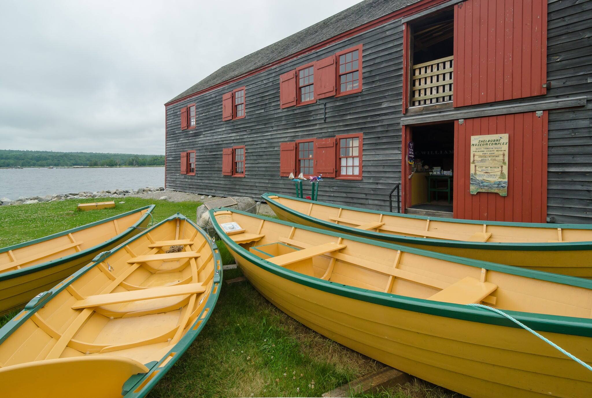 Iconic dories at the historic Shelburne County Museum on the South Shore of Nova Scotia
