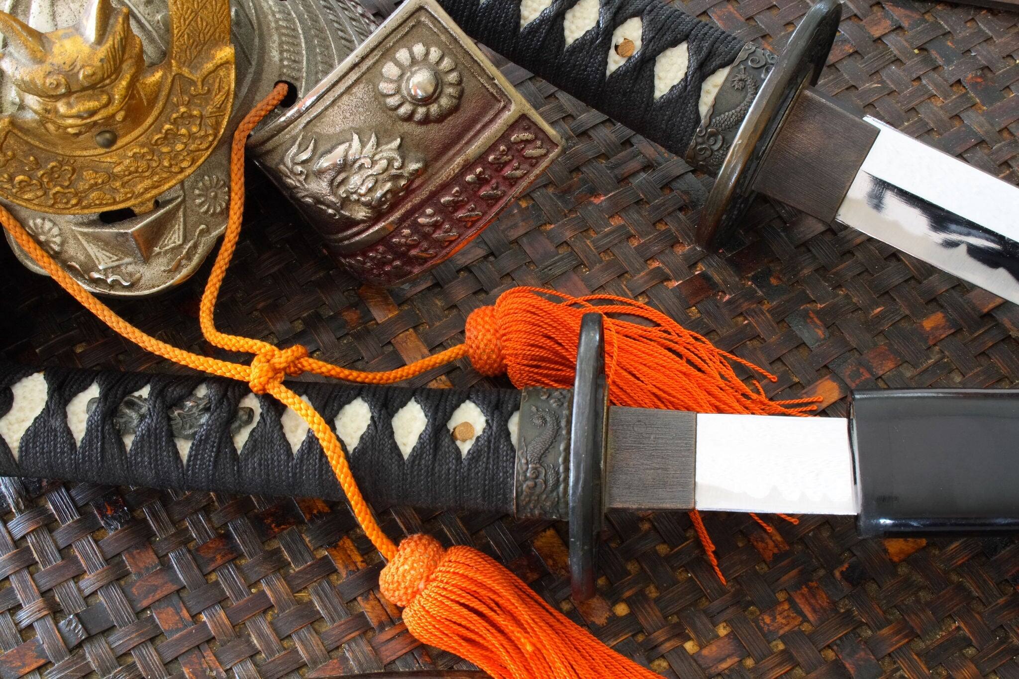 Samurai warrior swords and helmet