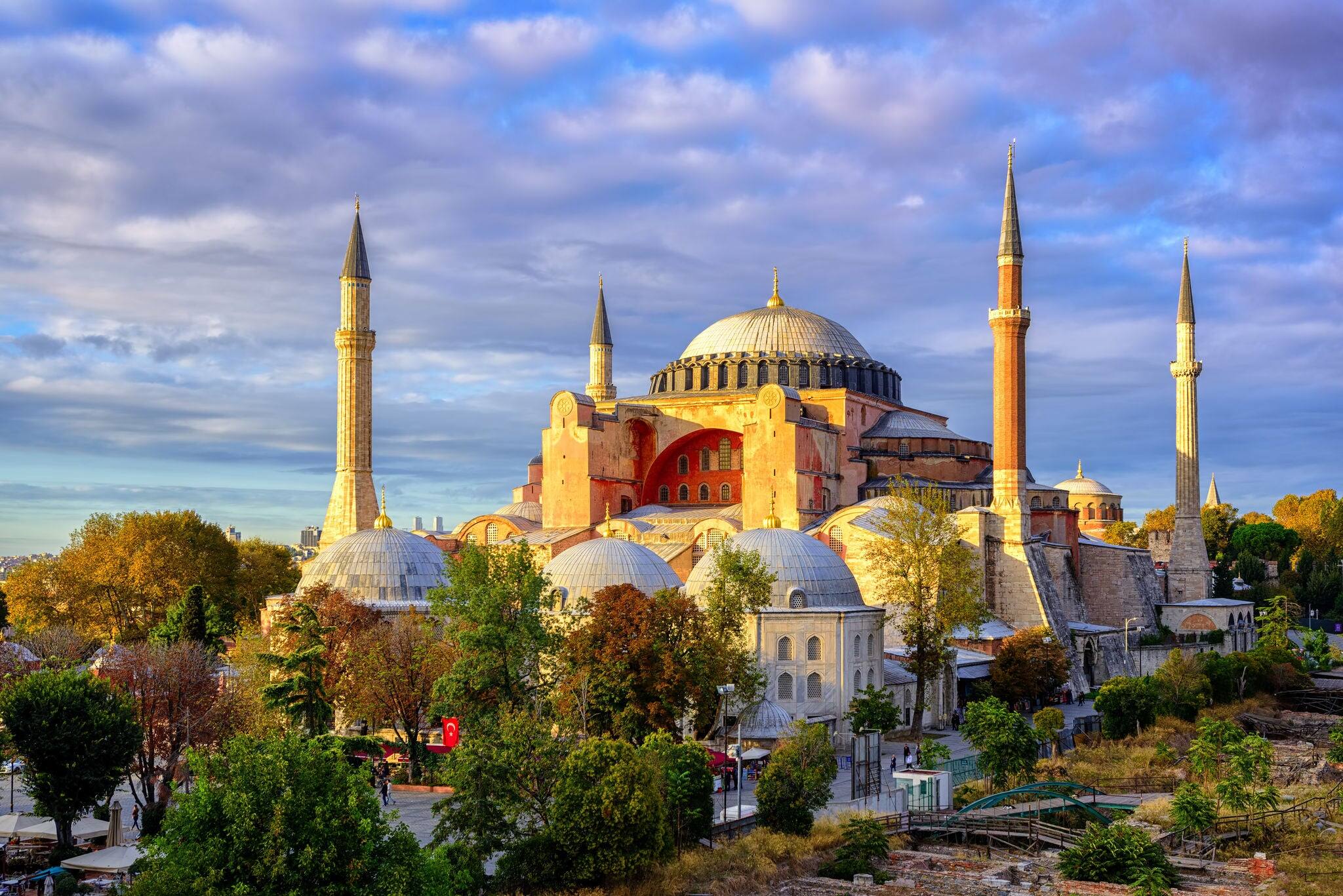 Hagia Sophia domes and minarets in the old town of Istanbul, Turkey, on sunset
