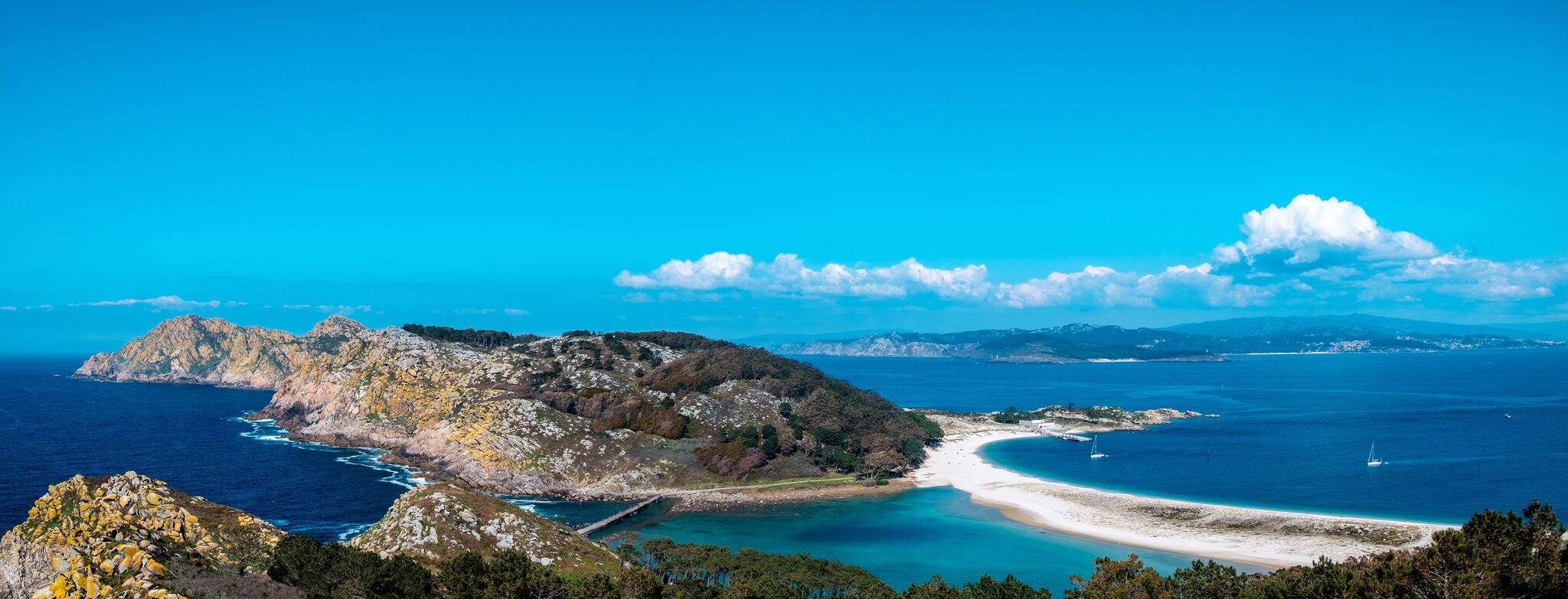 Islas Cies, Vigo, Spain. Vigo estuarys greatest treasure. Galicia.  Island connected by beach Playa de Rodas.