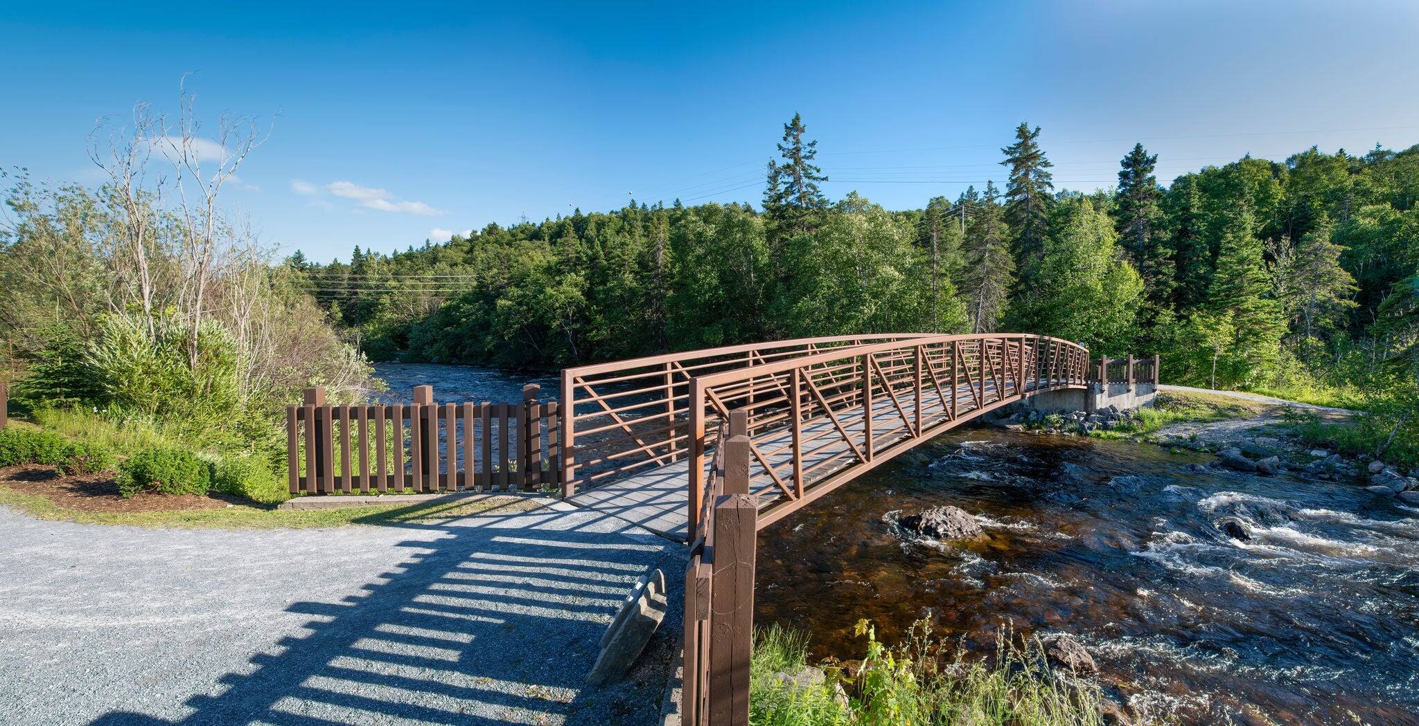 A bridge crosses the Corner Brook Stream and leads into the forest along the Stream Trail during early sunset.