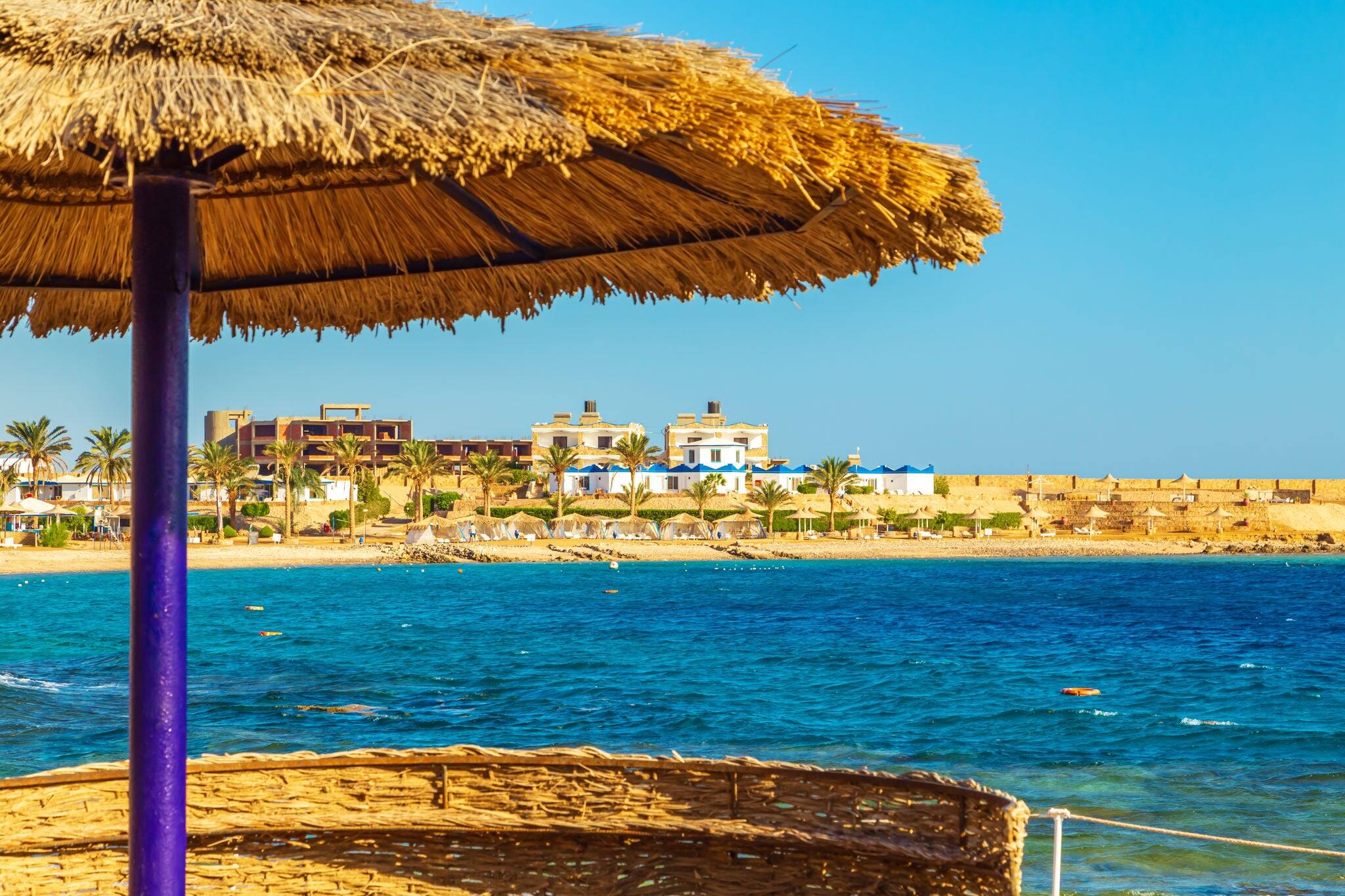 Sunny resort beach on the shores of the Red Sea. Safaga, Egypt - October 22, 2023.
