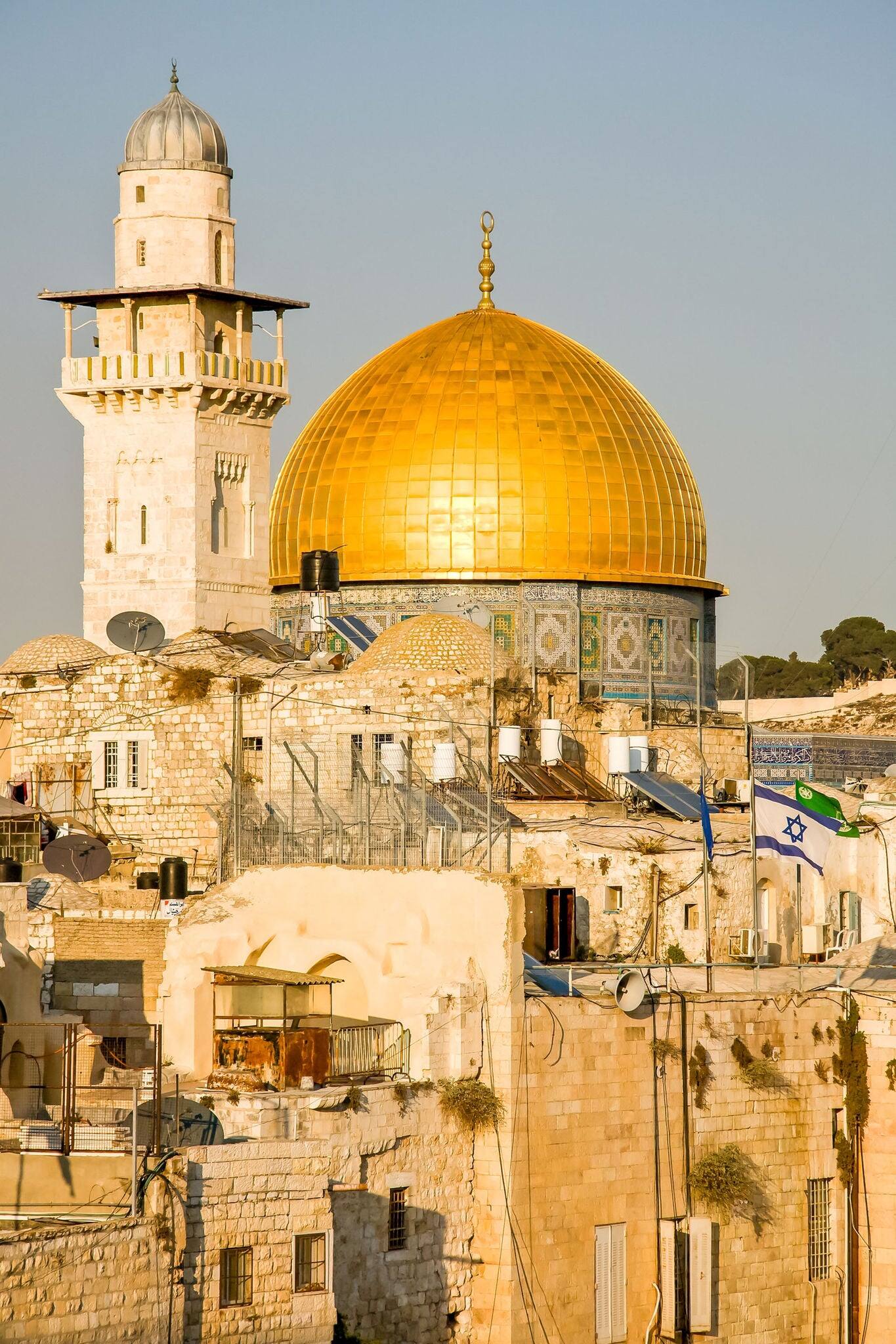 The Al-Aqsa mosque, Qibli Mosque or Qibli Chapel, المصلى القبلي, on the Temple Mount, old town of Jerusalem. Golden dome and ancient stone buildings.