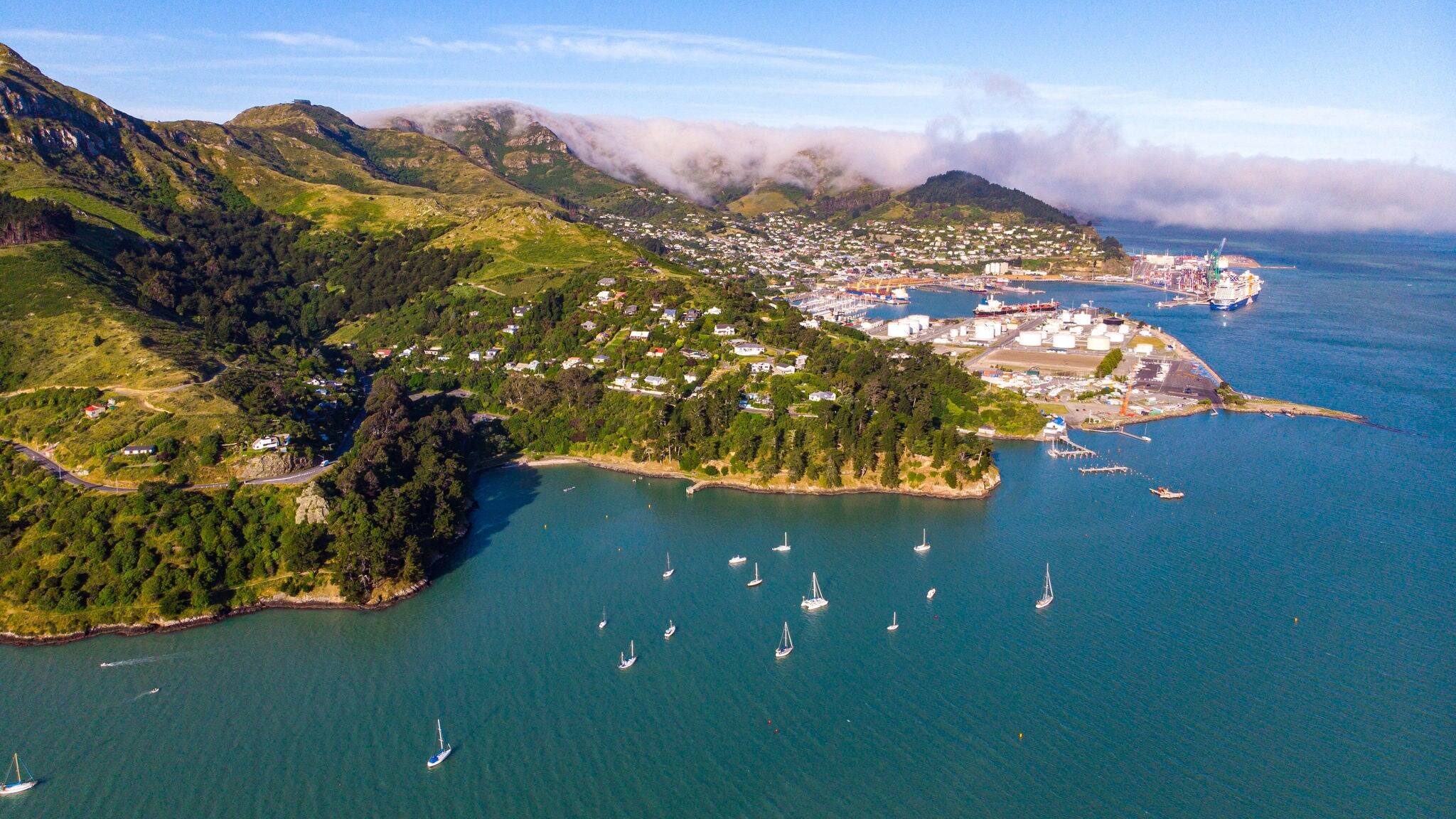 aerial panorama of lyttelton, famous harbour near christchurch in new zealand south island, canterbury