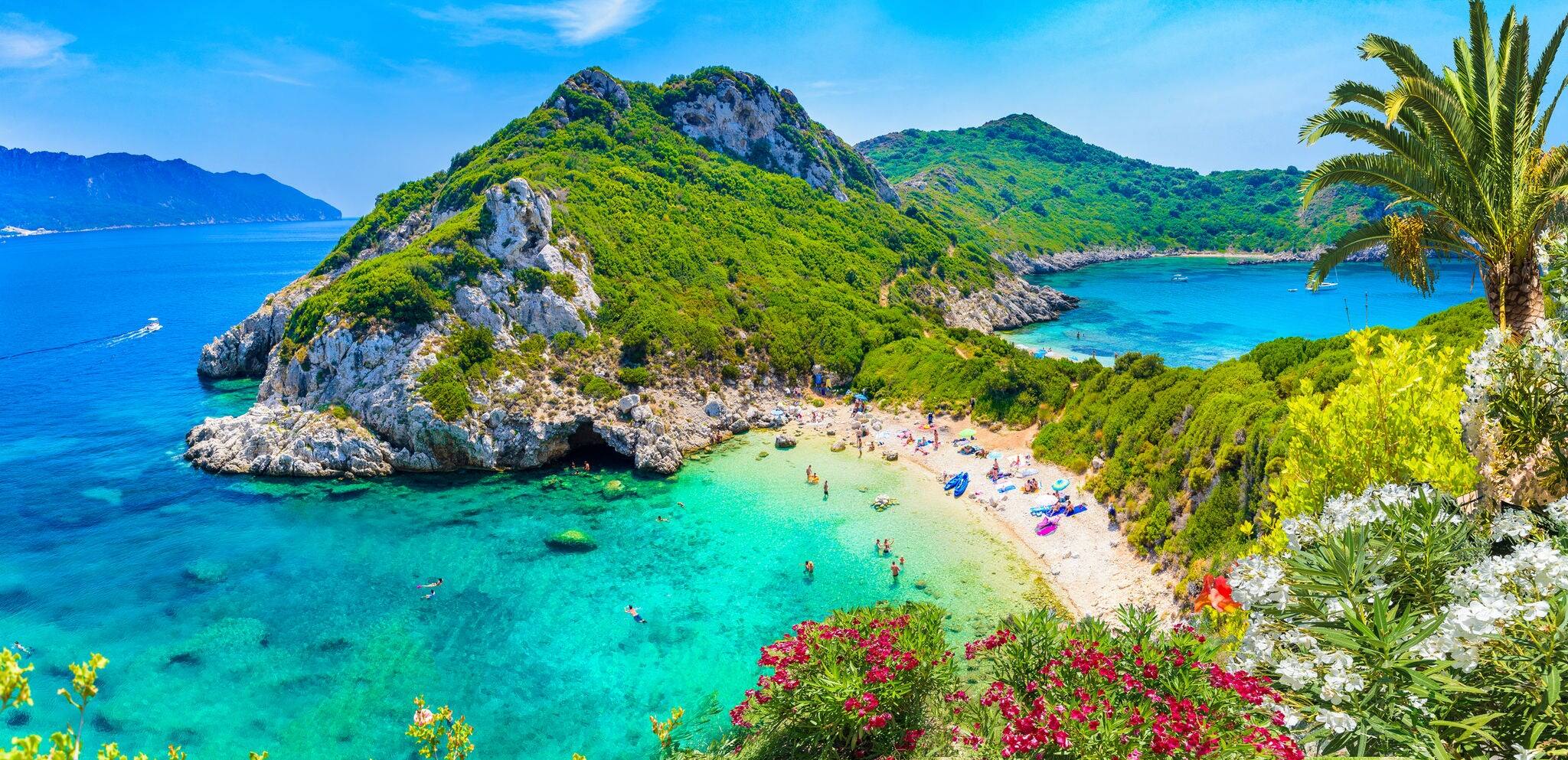 Aerial view of  Porto Timoni, Afionas region, Corfu