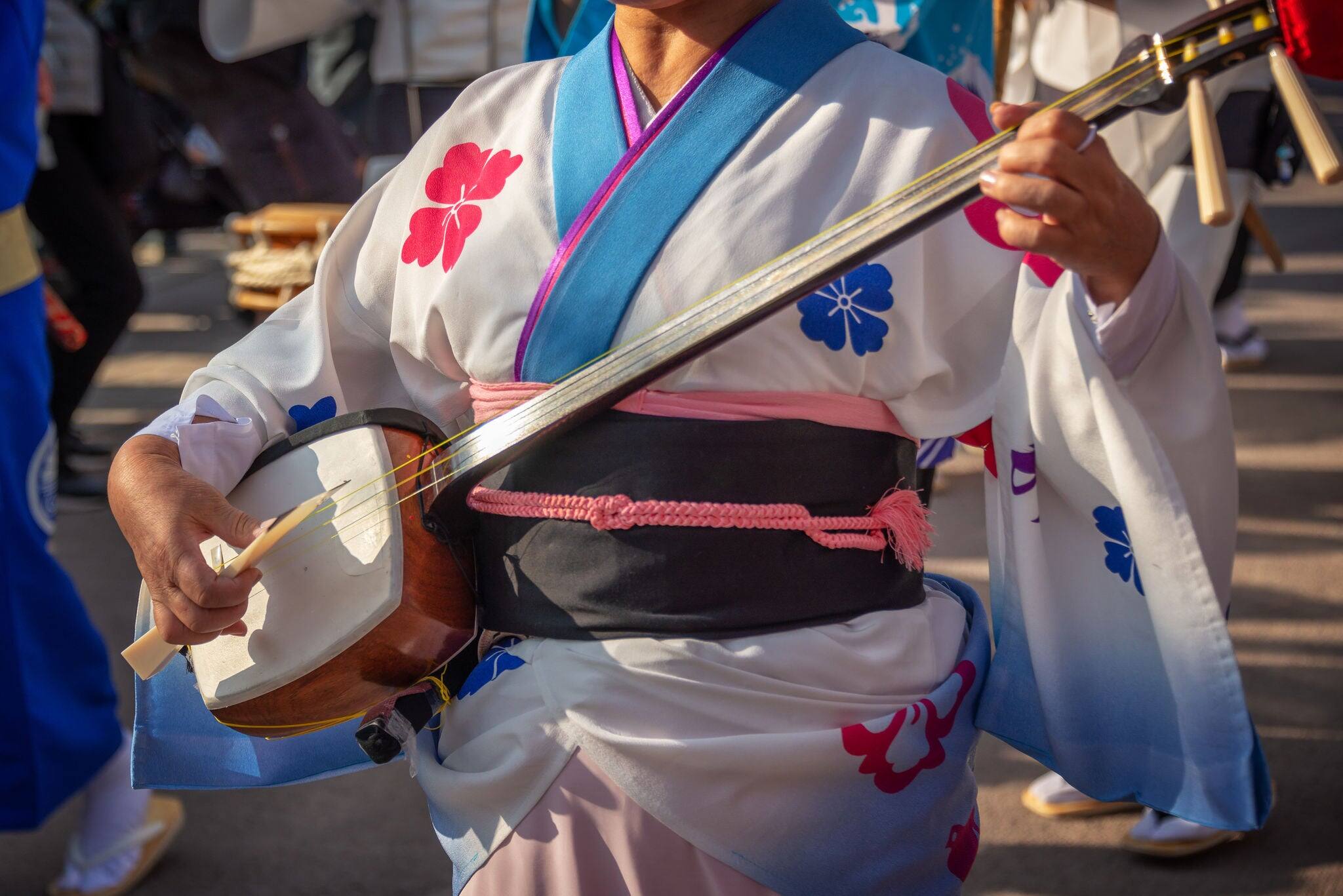Woman playing shamisen on Awa Odori traditional japanese dance festival