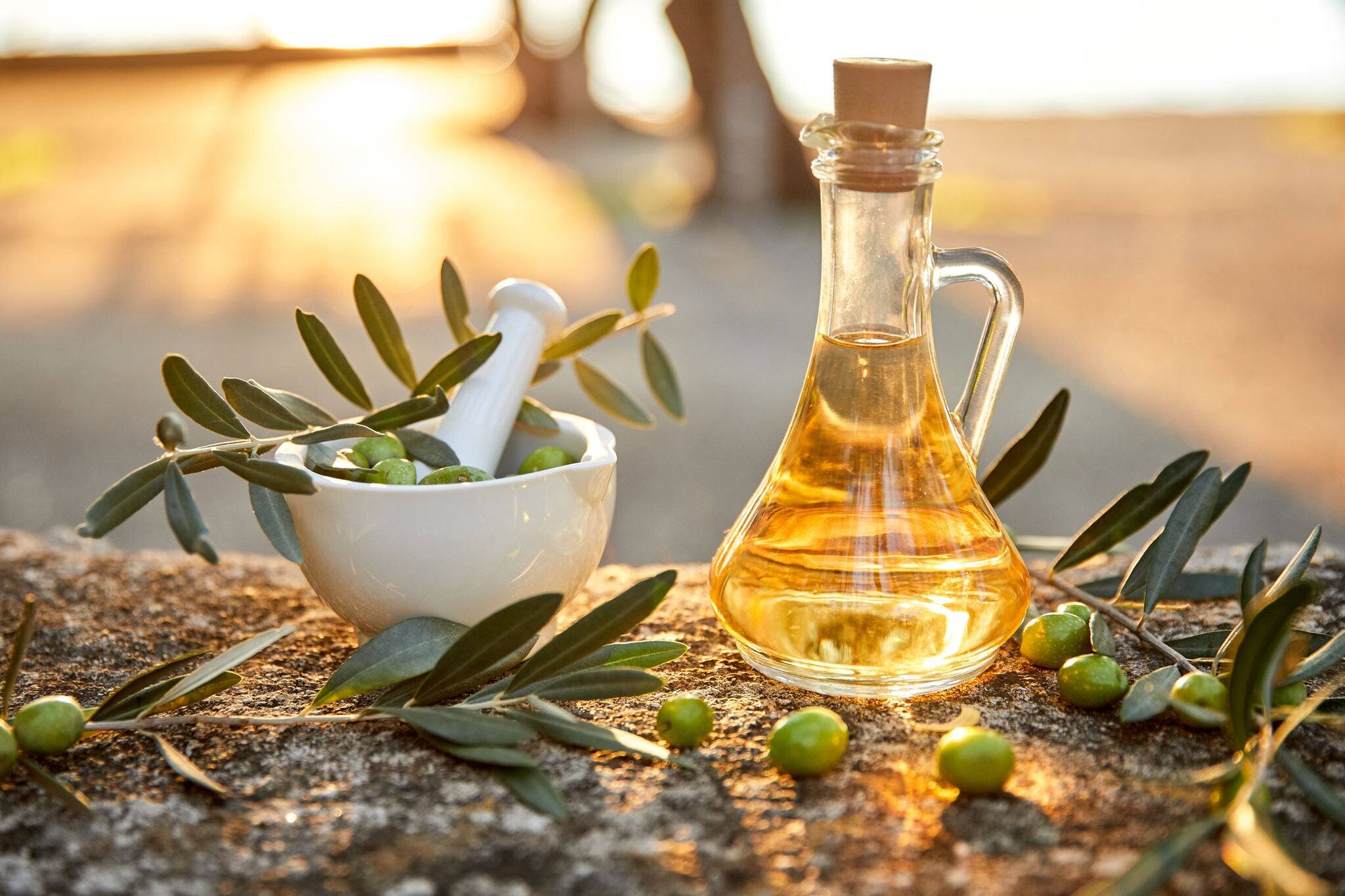 olive oil in the bottle and branch of green olives