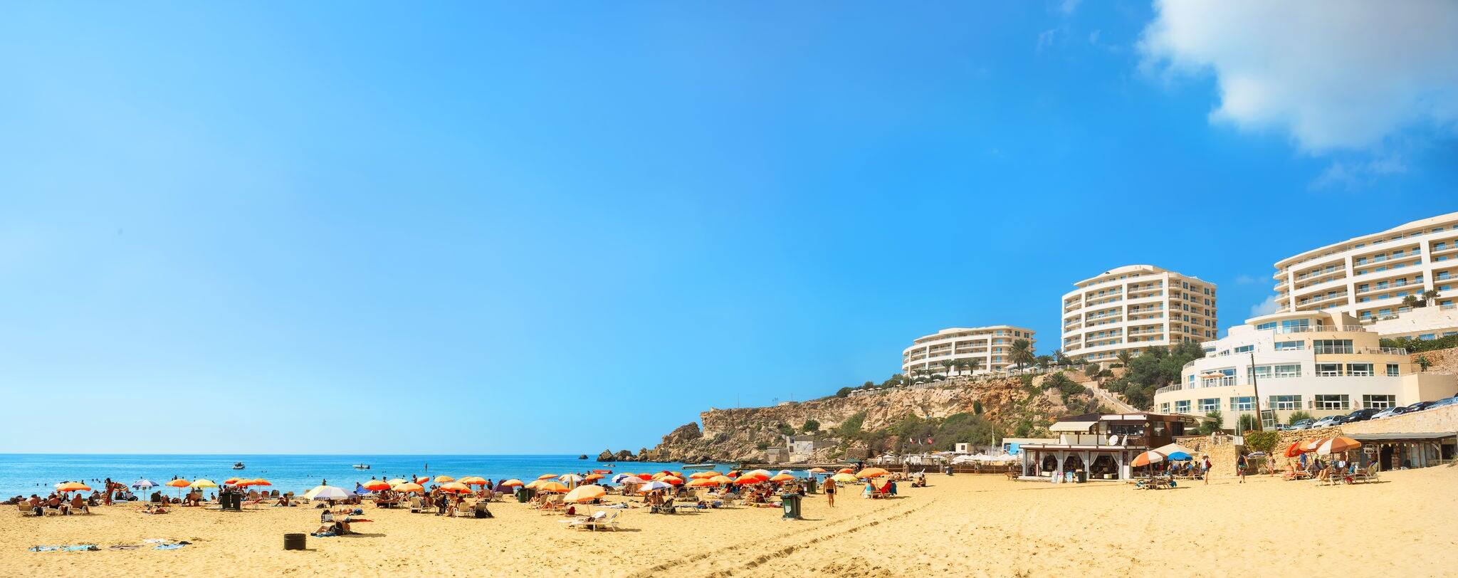 Panoramic view of famous beach Golden Bay in Malta