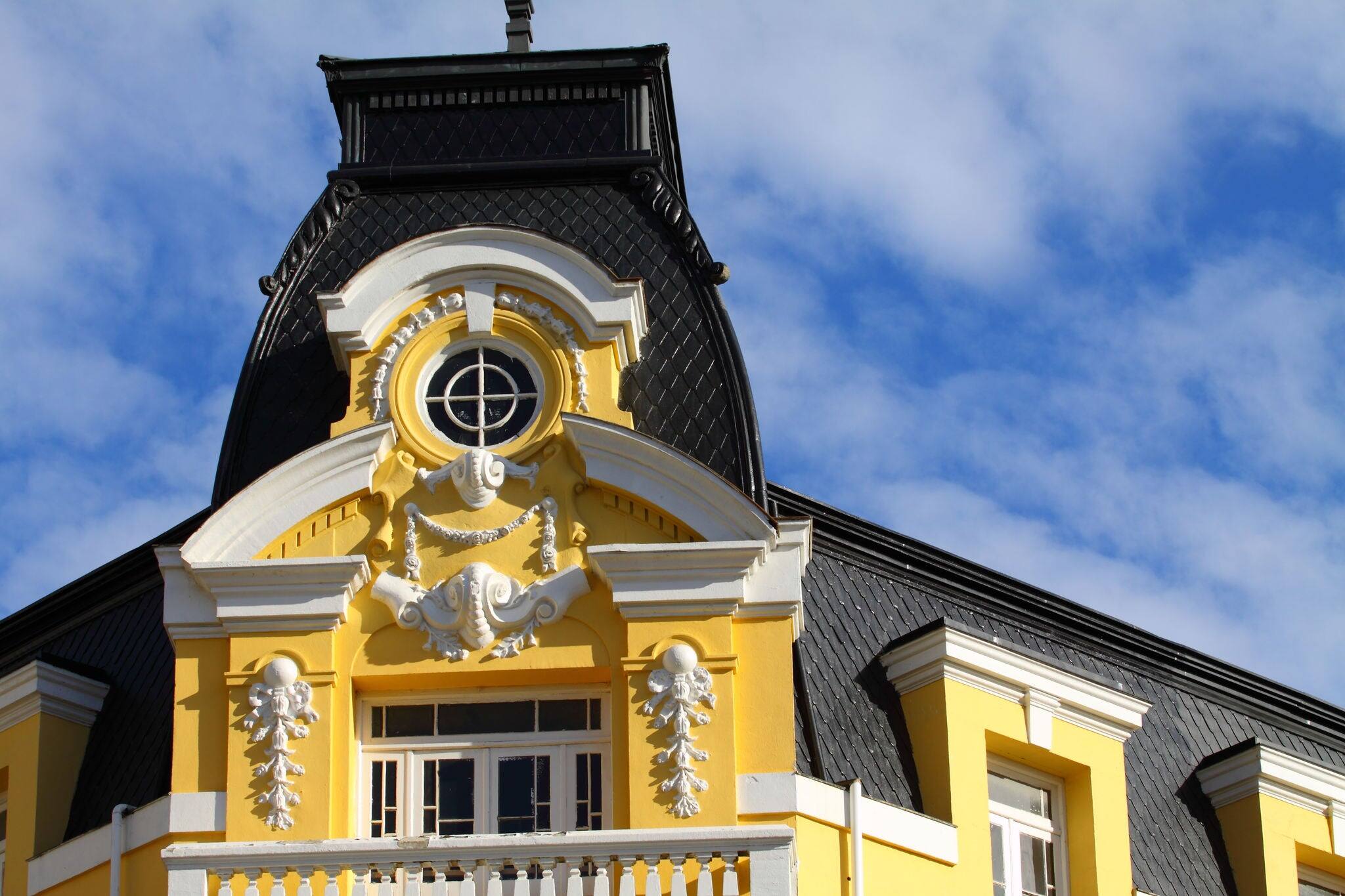 Official building in Punta Arenas with the Strait of Magellan