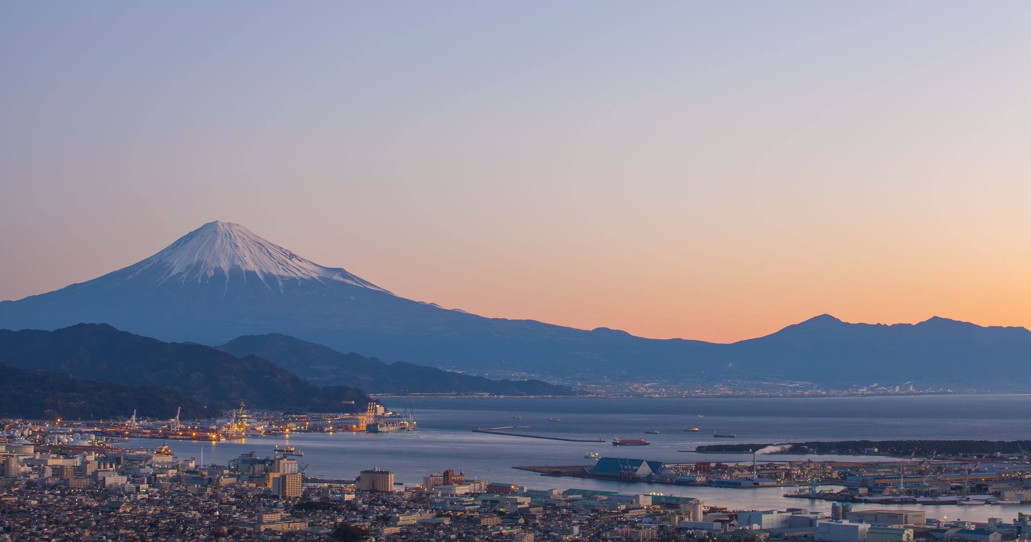Panorama view of Mountain Fuji and Shimizu port at sunrise