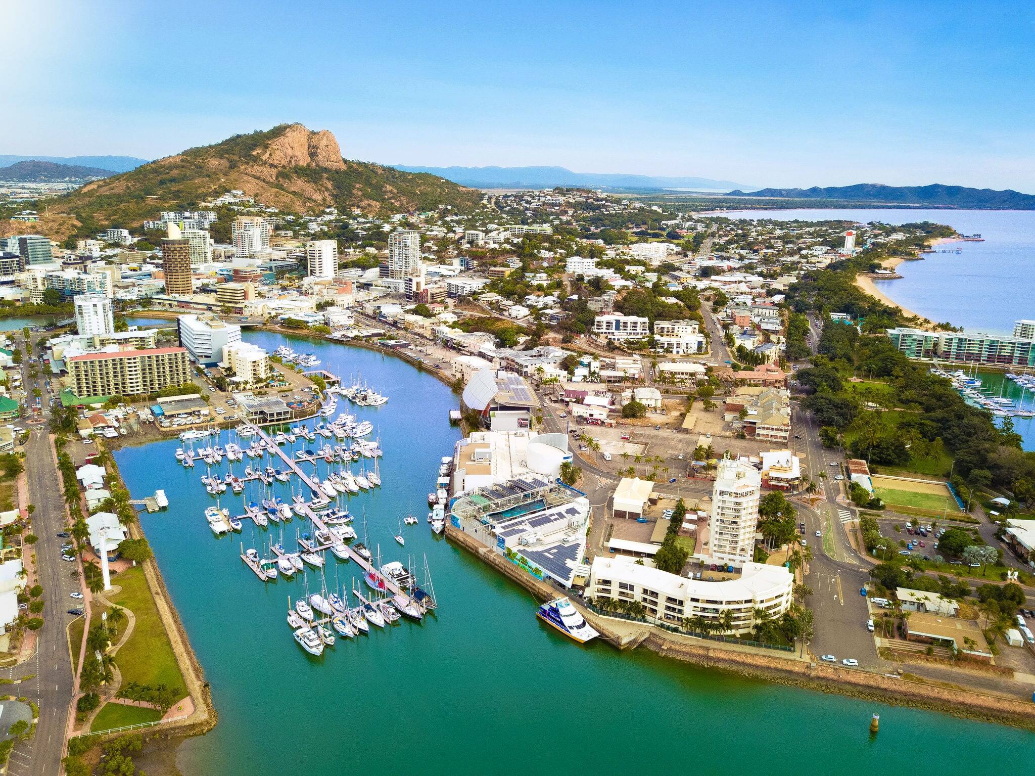 Townsville harbor view on the Yacht Club Marina, The Strand and Castle Hill