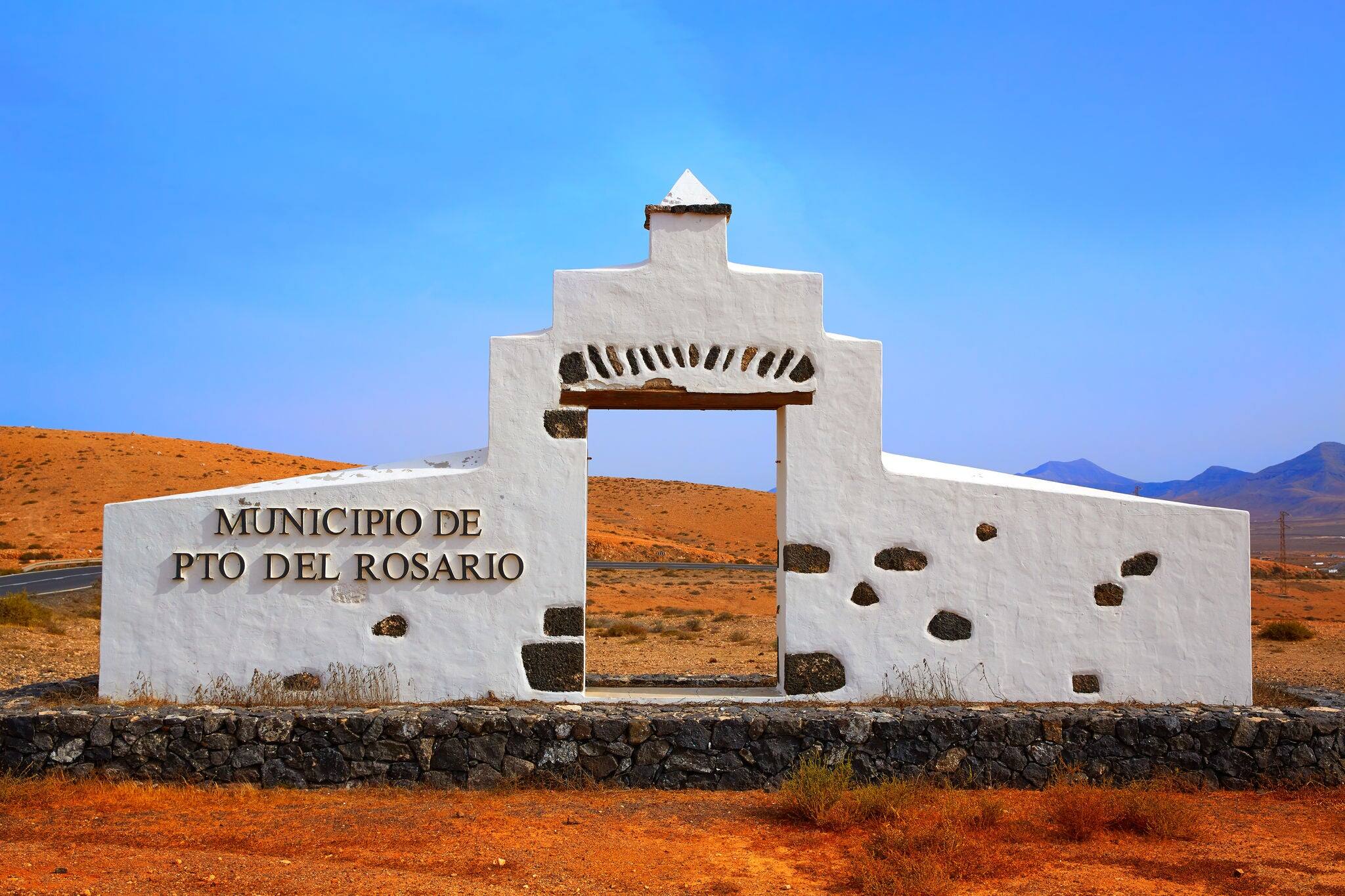 Puerto del Rosario welcome monument sign Fuerteventura at Canary Islands of Spain