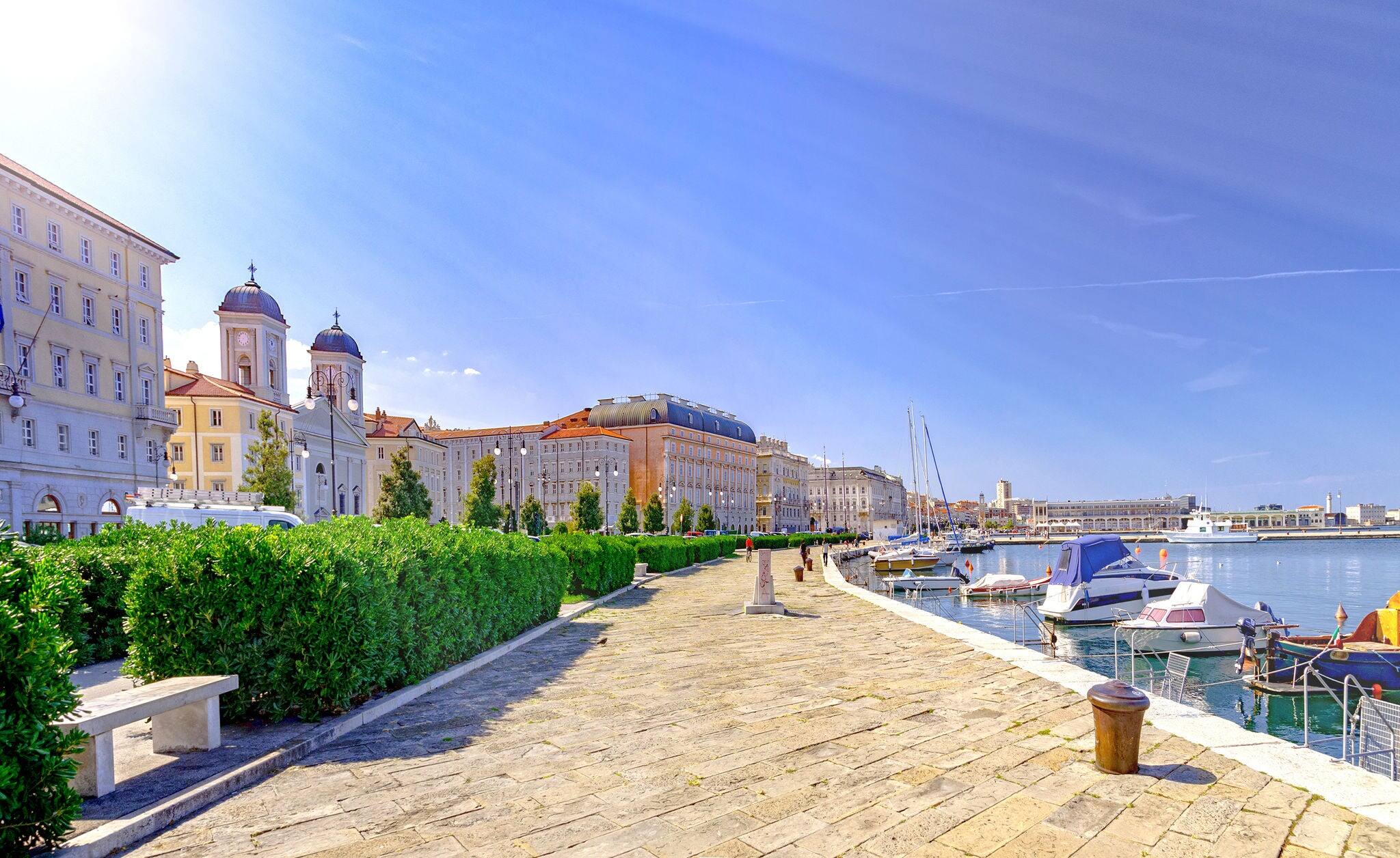 Trieste promenade and small port in Italy by Adriatic sea