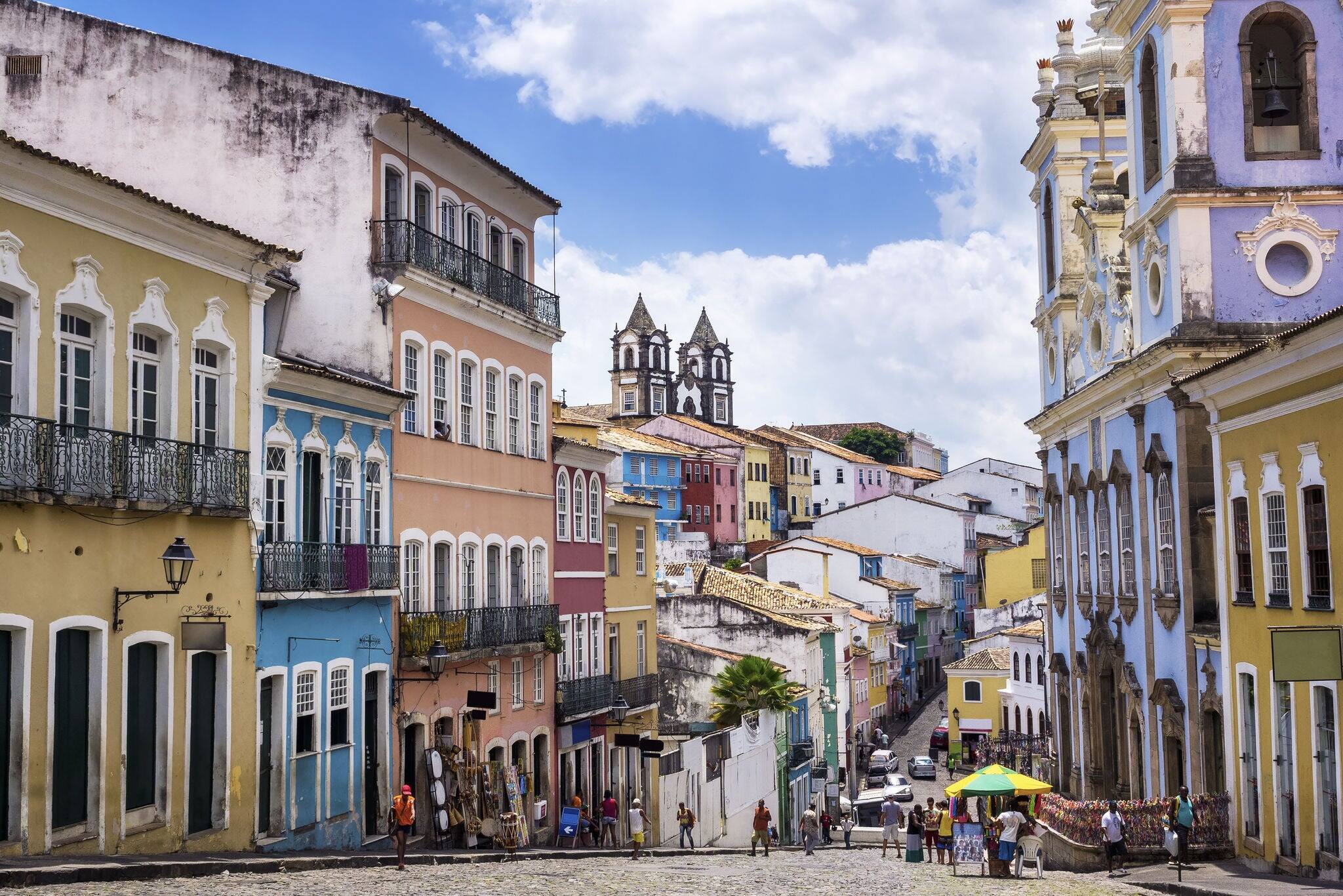 Colorful colonial houses at the historic district of Pelourinho in Salvador, Bahia, Brazil.