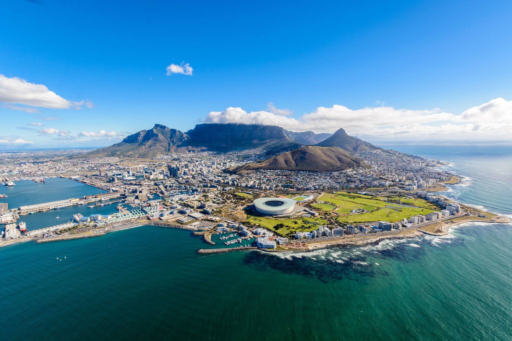 Aerial view of Cape Town, South Africa on a sunny afternoon. Photo taken from a helicopter during air tour of Cape Town