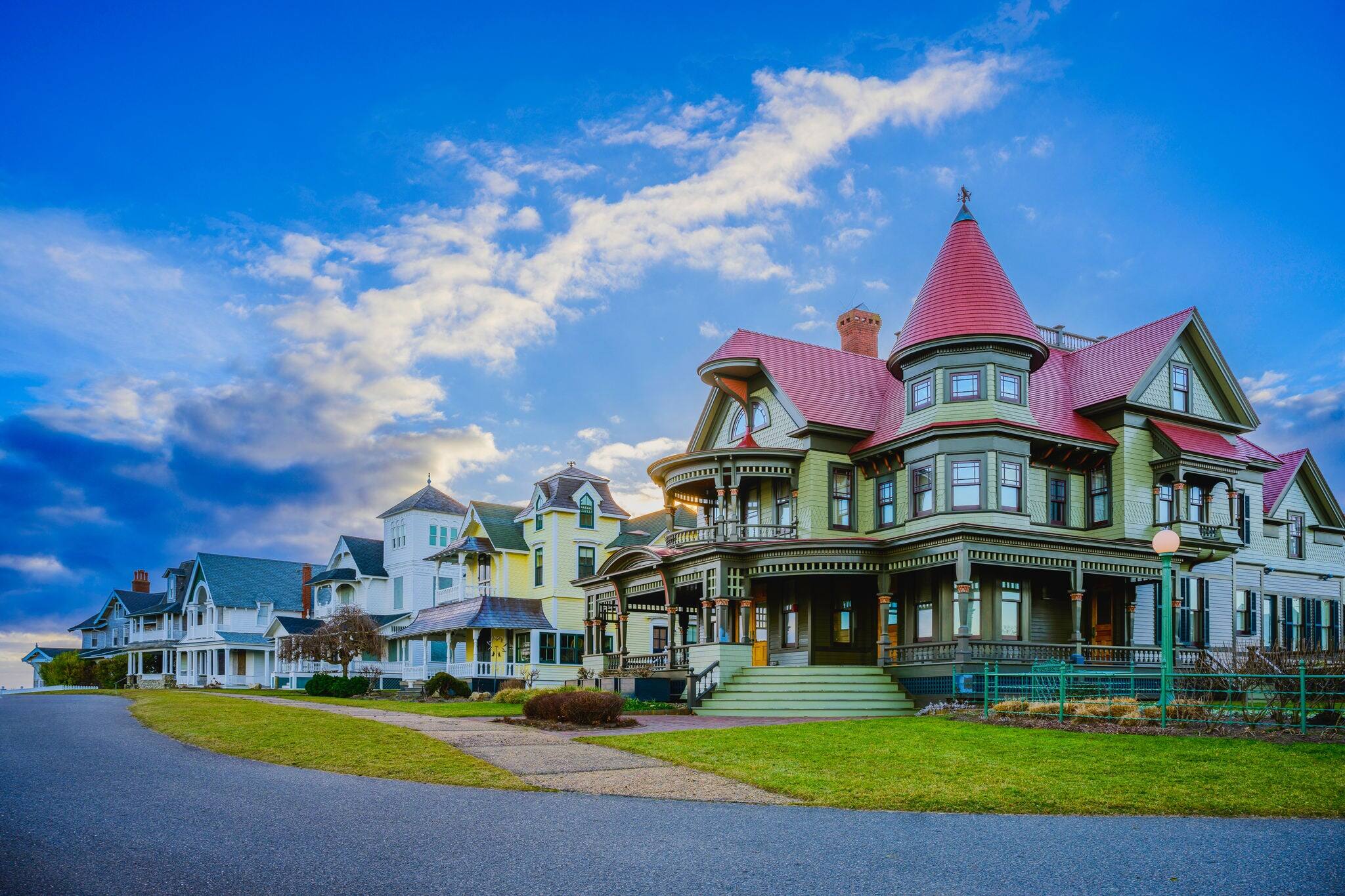 Oak Bluffs skyline at sunrise with landmark houses and dramatic winter cloudscape over the Ocean Park on Martha's Vineyard, Massachusetts, Unites States