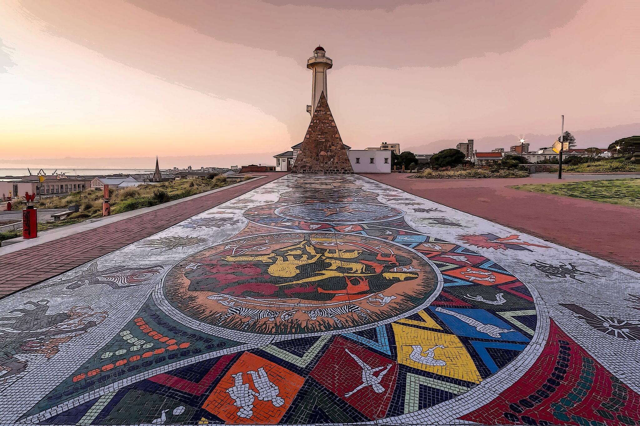 The colorful mosaics of the Donkin Reserve pyramid and lighthouse monument and public park in the Port Elizabeth city centre.