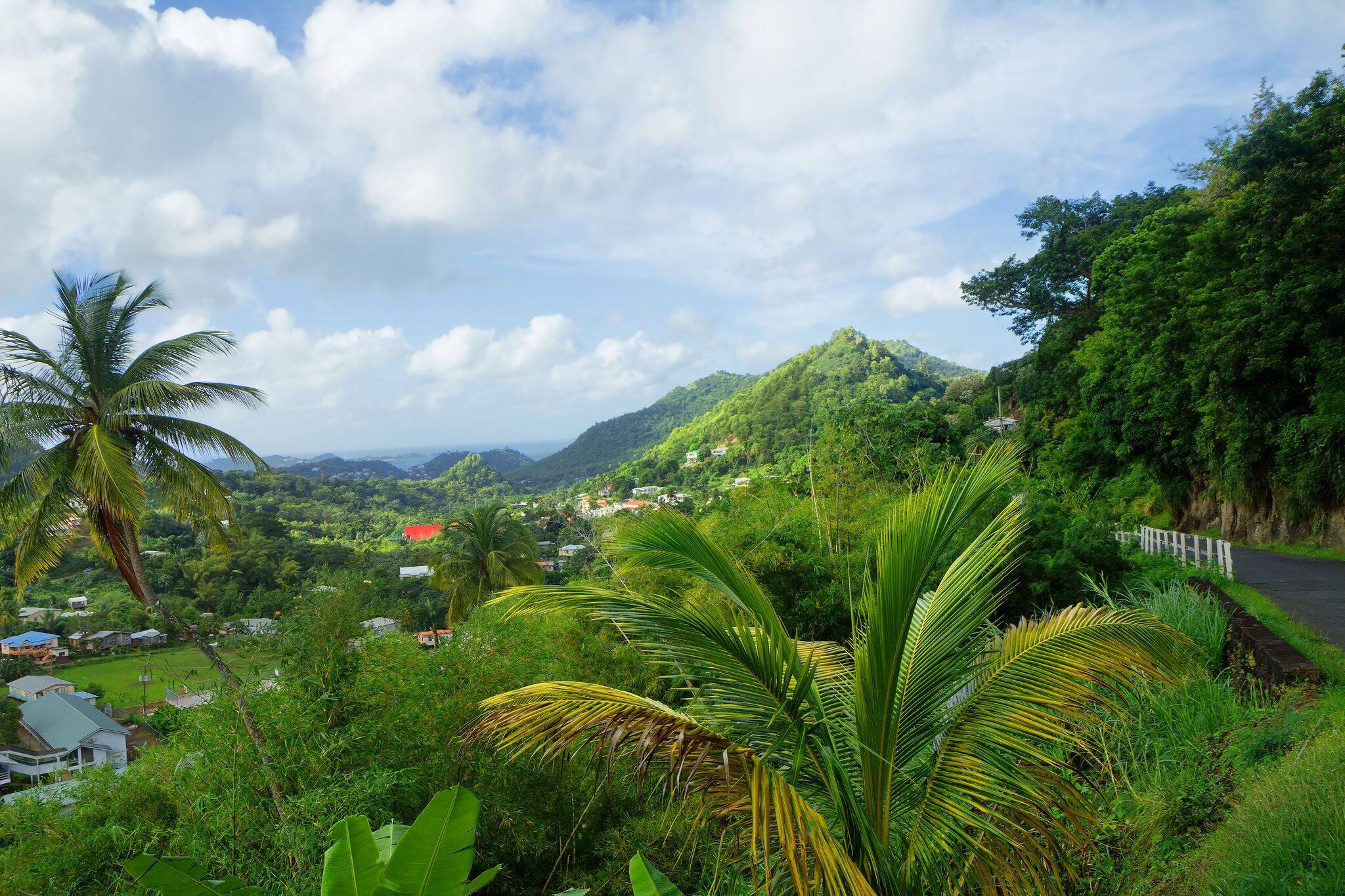 Caribbean. The nature of the island of Grenada. On the island there are crystal clear mountain lakes, and tropical undergrowth, and the emerald expanse of cane fields, and caves-caves.