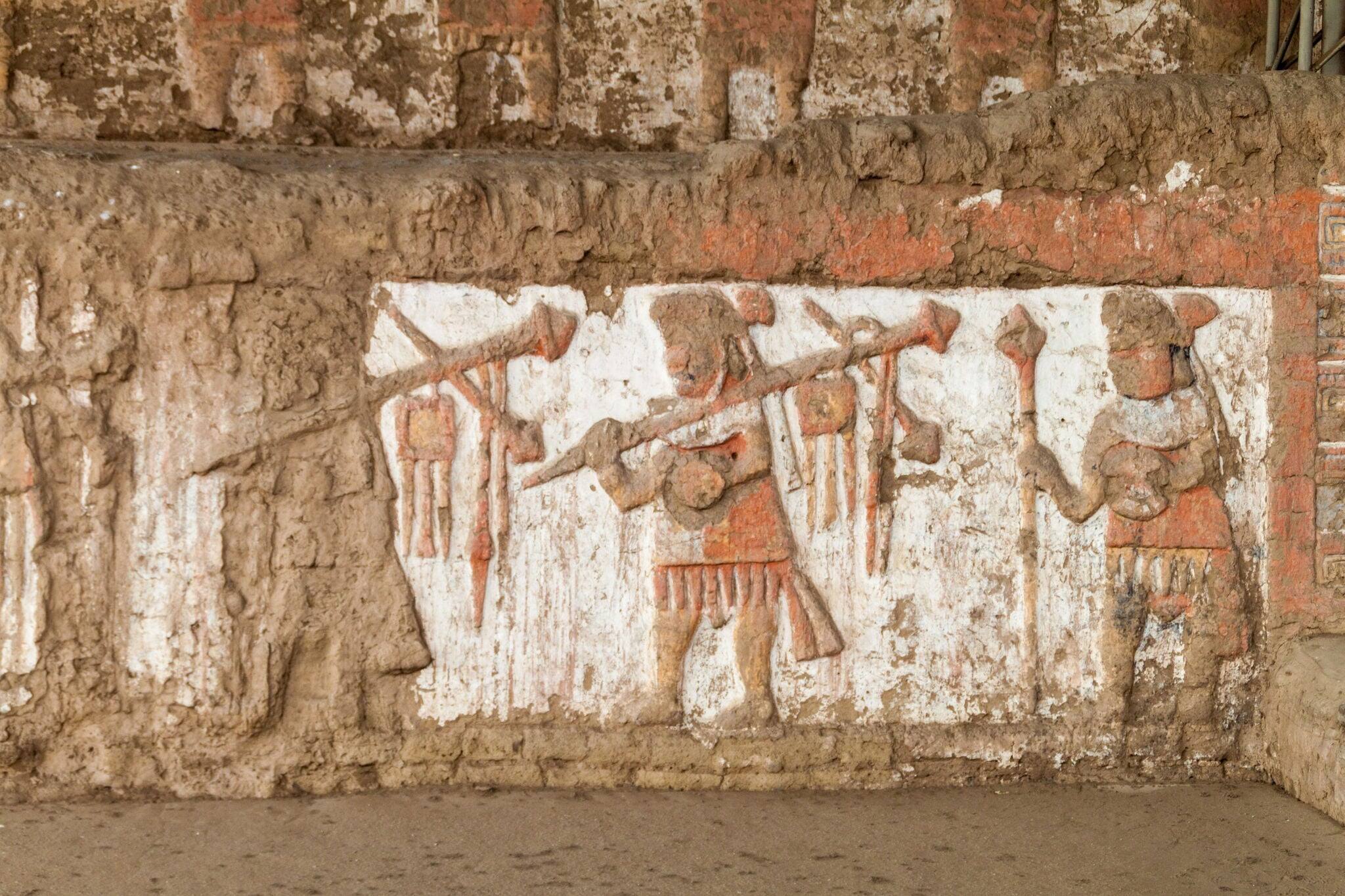 Detail of a decoration at archeological site Huaca del Sol y de la Luna (Temple of the Sun and the Moon) in Trujillo, Peru. Site was built in Moche period.