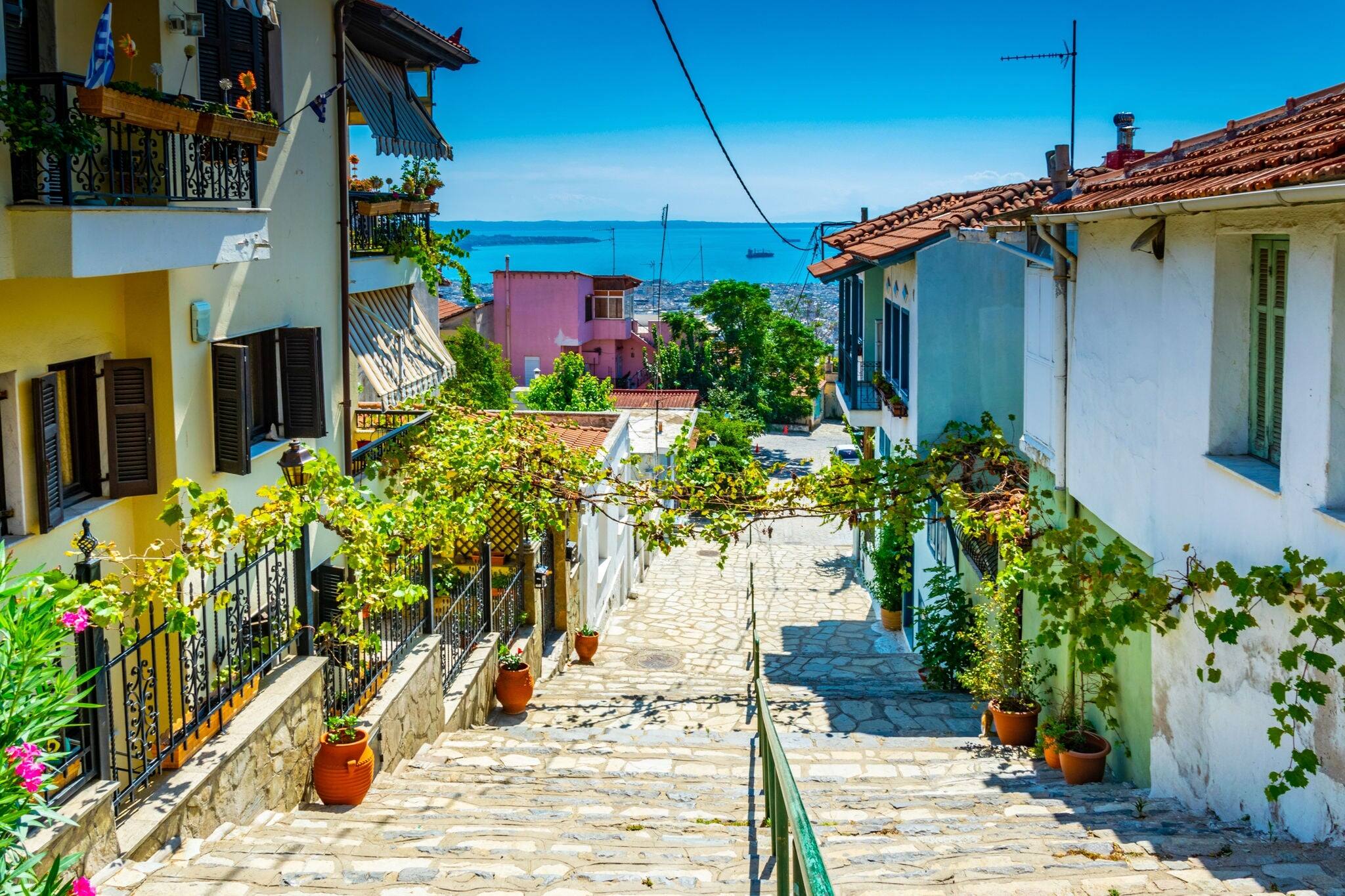 View of a narrow street in the old town of Thessaloniki, Greece