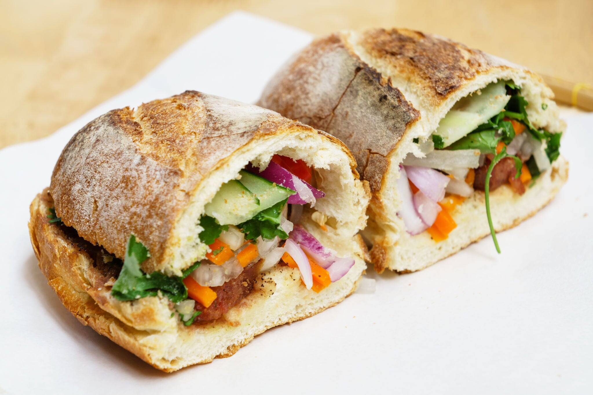 Vietnam style french baguette bread pork bun Banh Mi