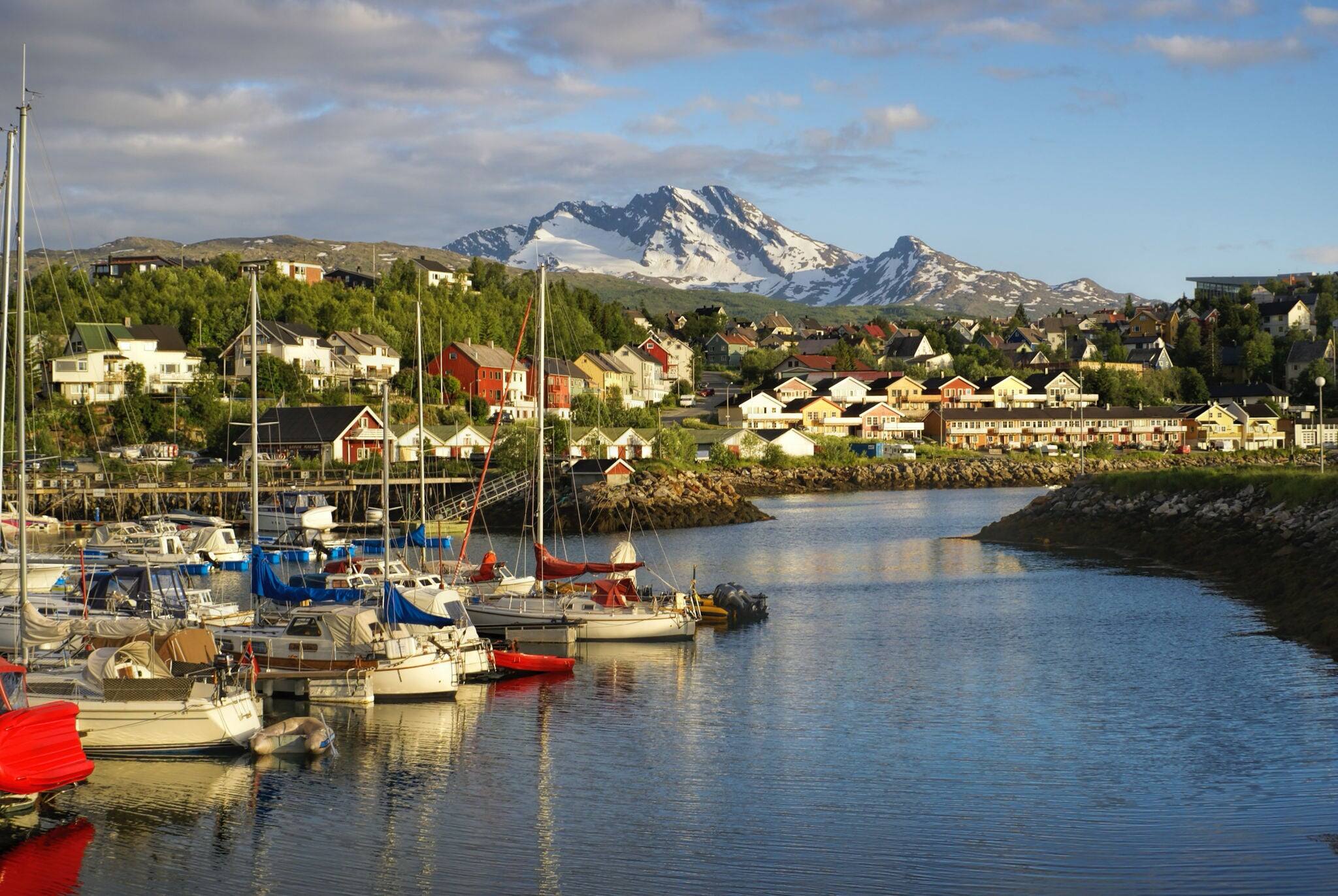 Vista panorámica de Narvik y sus casas al pie de una montaña con vista al puerto