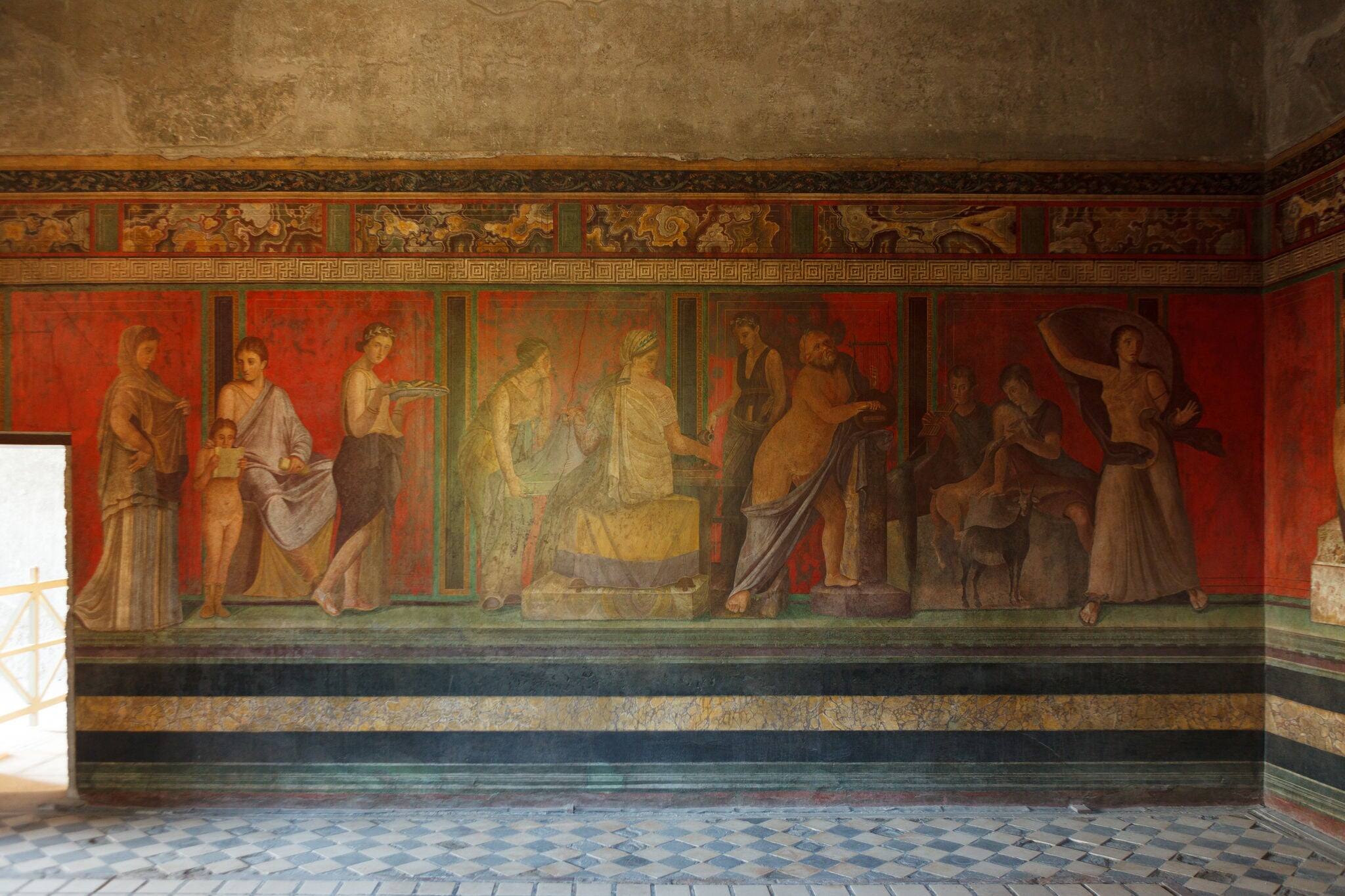 Fresco on walls of villa of the mysteries in Pompeii (Pompei). Ancient Roman city in Pompei, Province of Naples, Campania, Italy